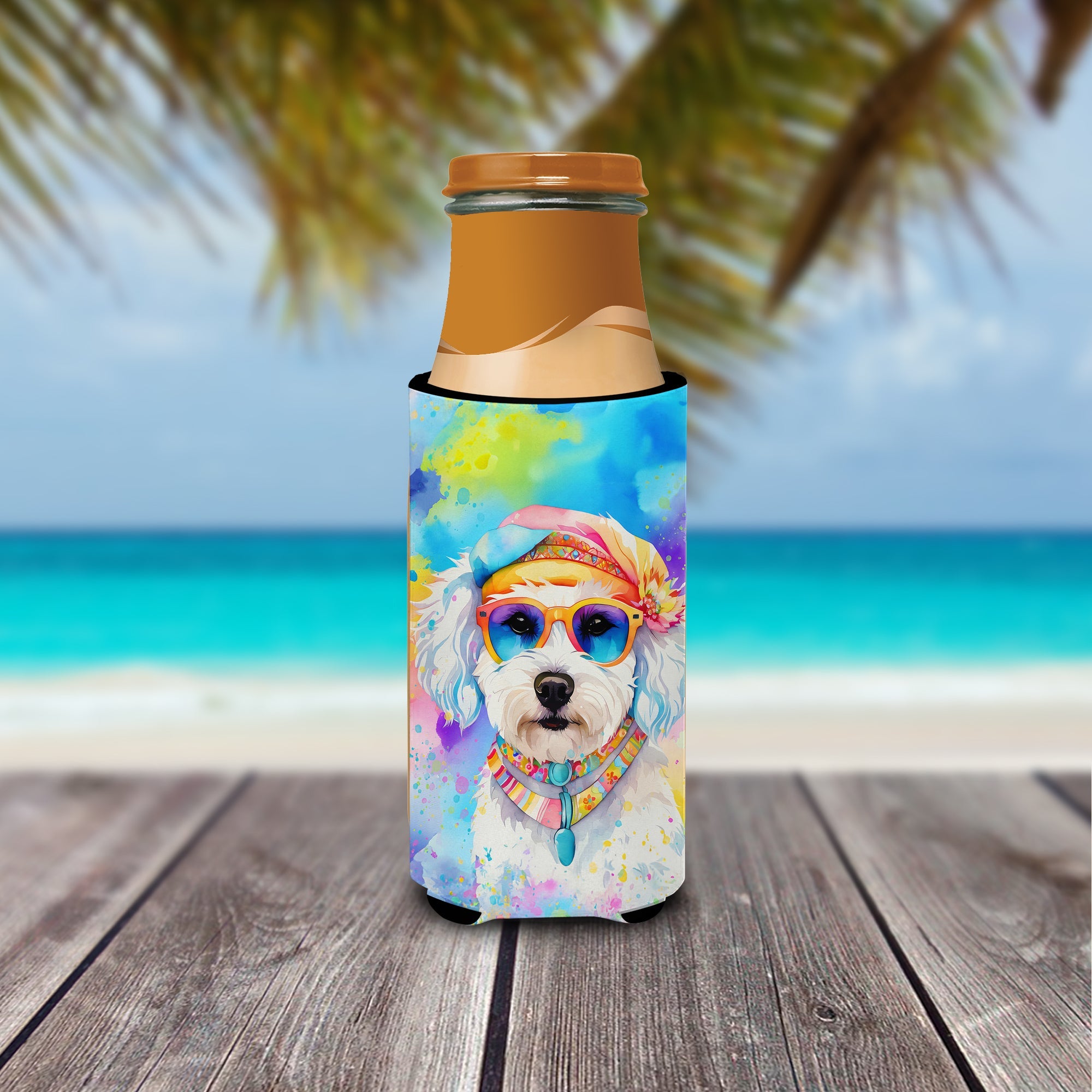 Bichon Frise Hippie Dawg Slim Can Hugger , Insulated Foam Hugger for 12 oz Slim Cans, Beer Bottles & Water Bottles, Printed in USA