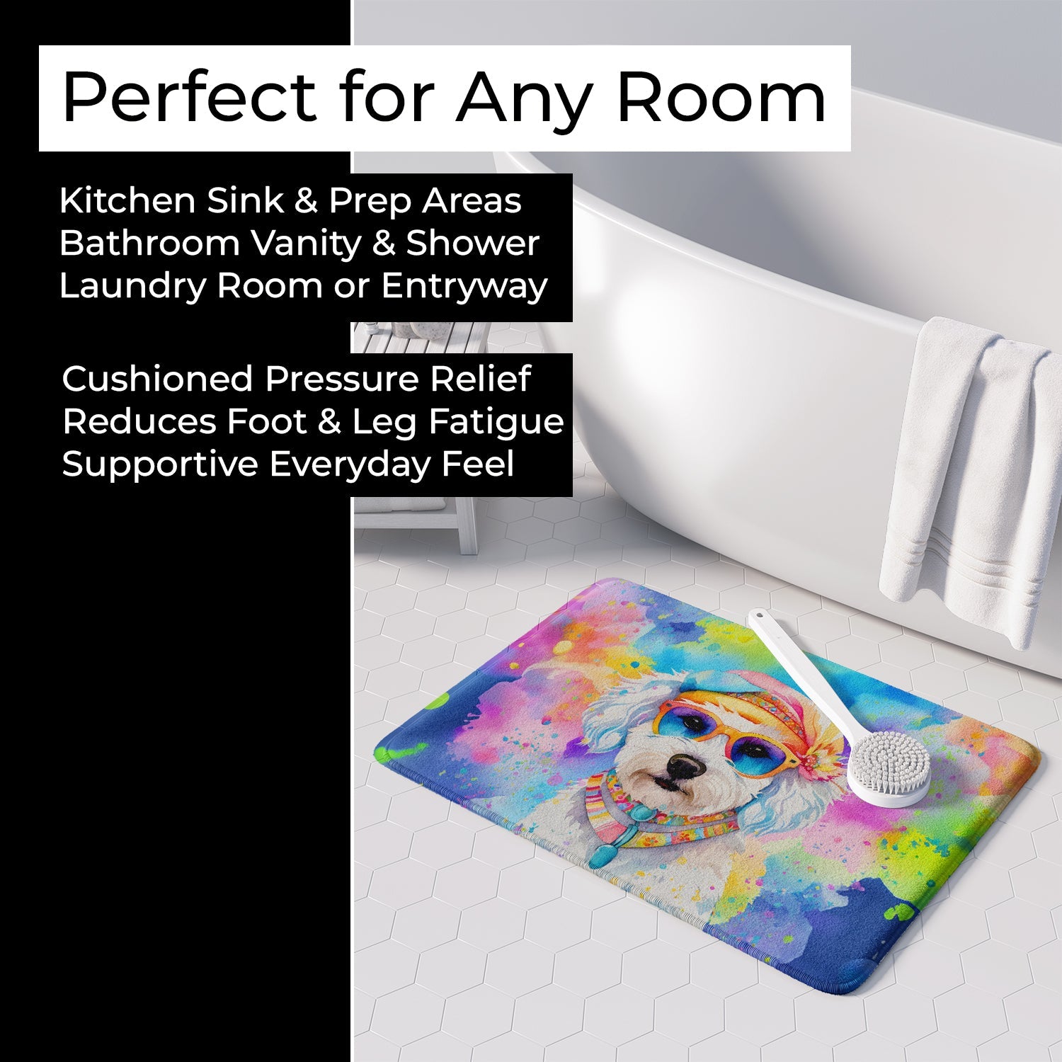 Bichon Frise Hippie Dawg Memory Foam Kitchen Mat Machine Washable Anti-Fatigue Cushion Comfort Bath or Kitchen Rug