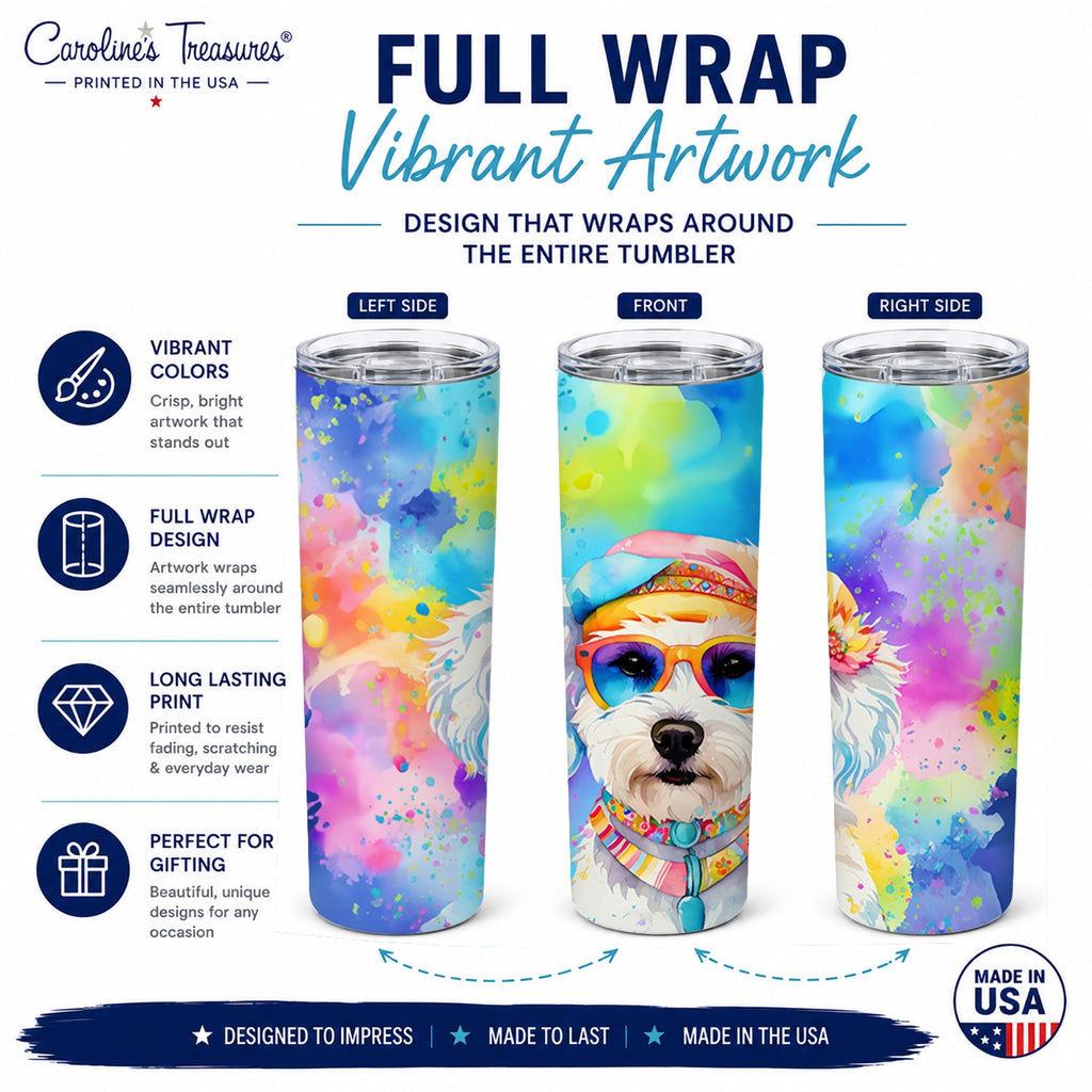 Bichon Frise Hippie Dawg Stainless Steel Skinny Tumbler 20 oz Vacuum Double Walled Reusable Insulated Travel Cup