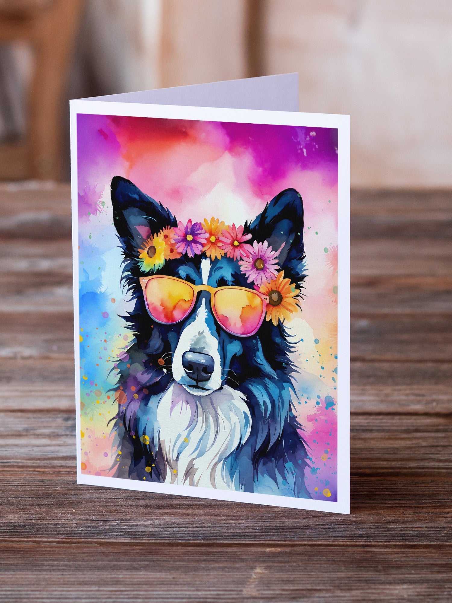 Border Collie Hippie Dawg Greeting Cards Pack of 8 Blank Cards with Envelopes Whimsical A7 Size 5x7