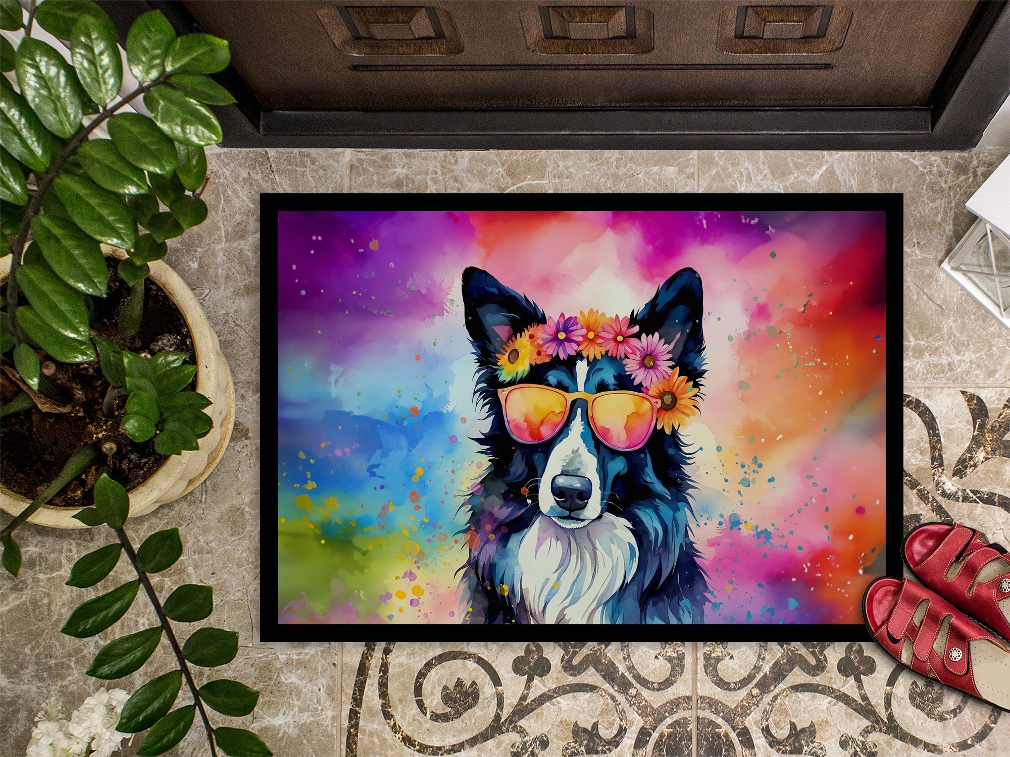 Border Collie Hippie Dawg Doormat Indoor Outdoor 24H X 36W Front Door Mat Rugs for Entryway, Non Slip Washable Low Pile,