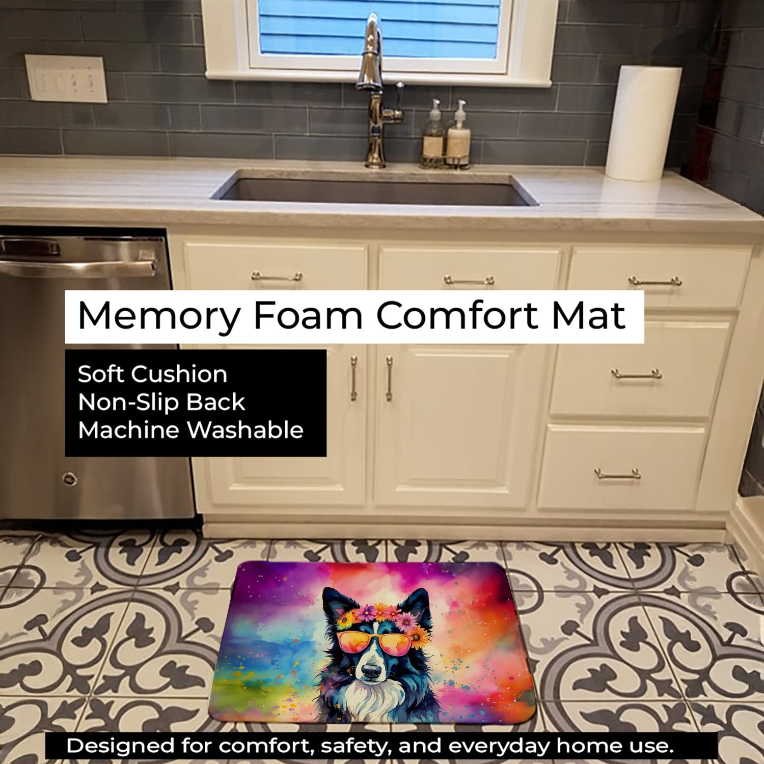 Border Collie Hippie Dawg Memory Foam Kitchen Mat Machine Washable Anti-Fatigue Cushion Comfort Bath or Kitchen Rug