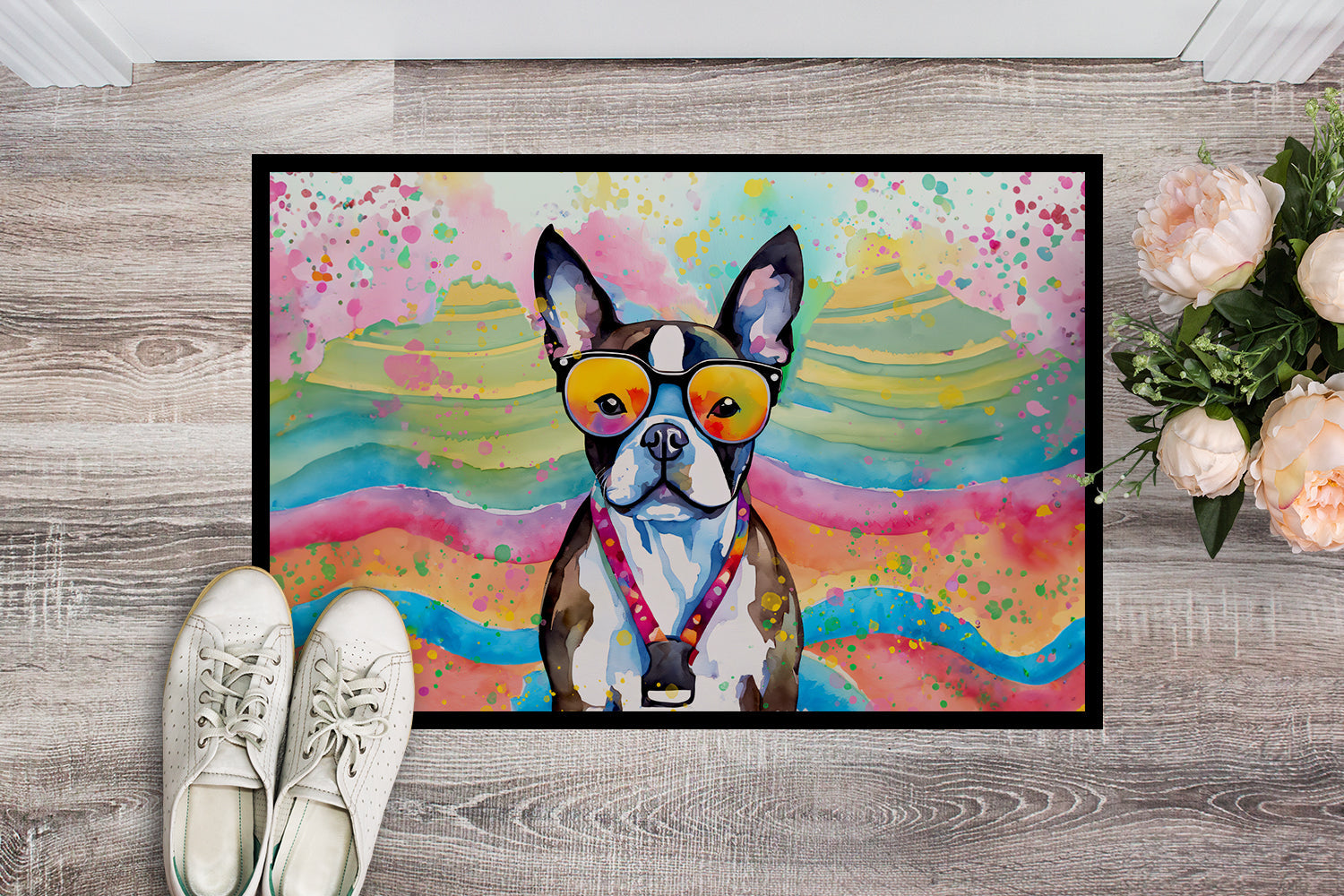 Boston Terrier Hippie Dawg Doormat Indoor Outdoor 24H X 36W Front Door Mat Rugs for Entryway, Non Slip Washable Low Pile,