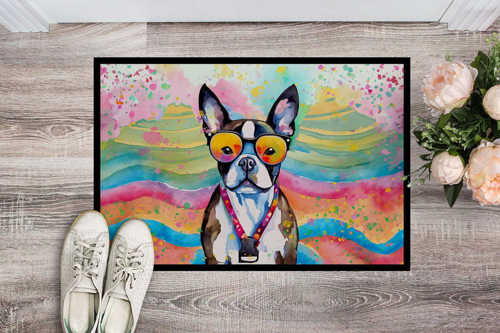 Boston Terrier Hippie Dawg Doormat Indoor Outdoor 18H X 27W Front Door Mat Rugs for Entryway, Non Slip Washable