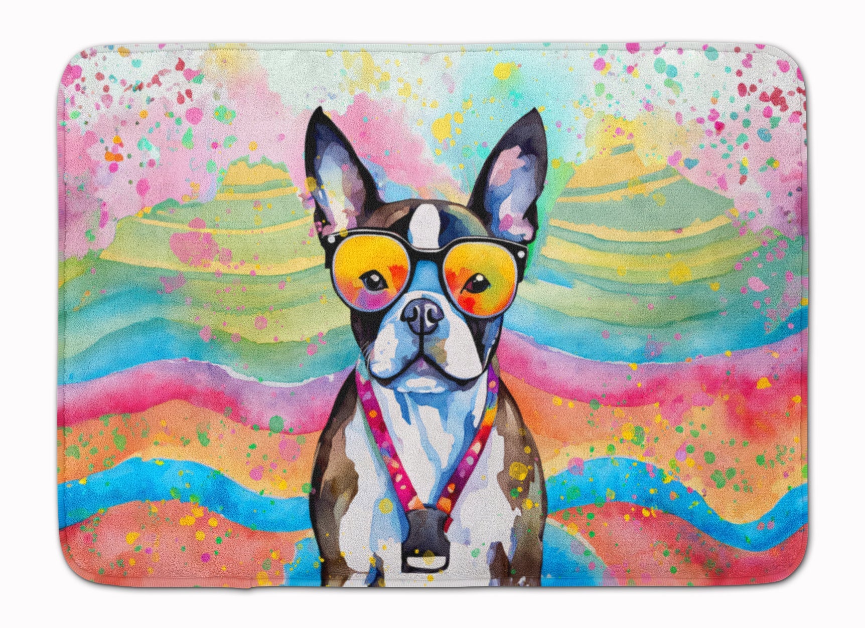 Boston Terrier Hippie Dawg Memory Foam Kitchen Mat Machine Washable Anti-Fatigue Cushion Comfort Bath or Kitchen Rug