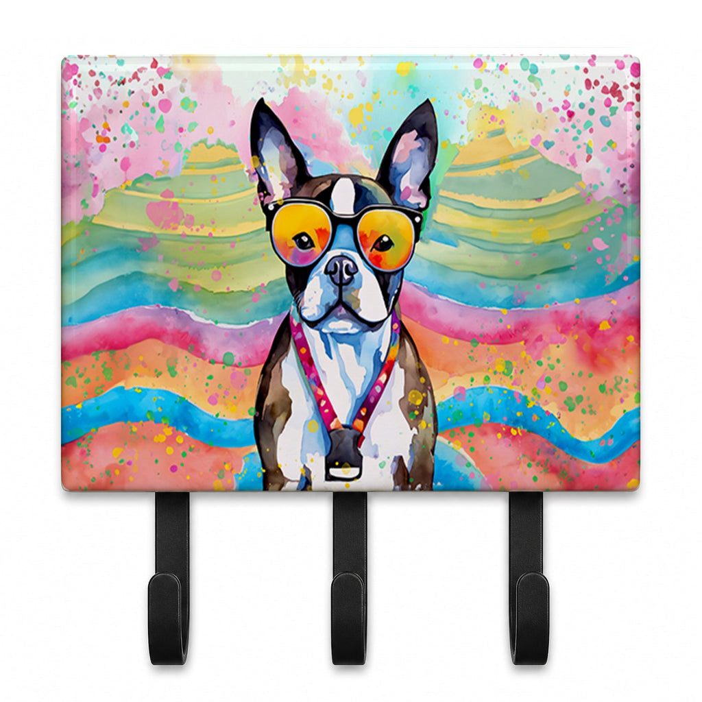 Boston Terrier Hippie Dawg Leash or Key Holder Wall Hooks, Coat Rack Wall Mount, for Hanging Keys, Towels, Aprons, Leashes