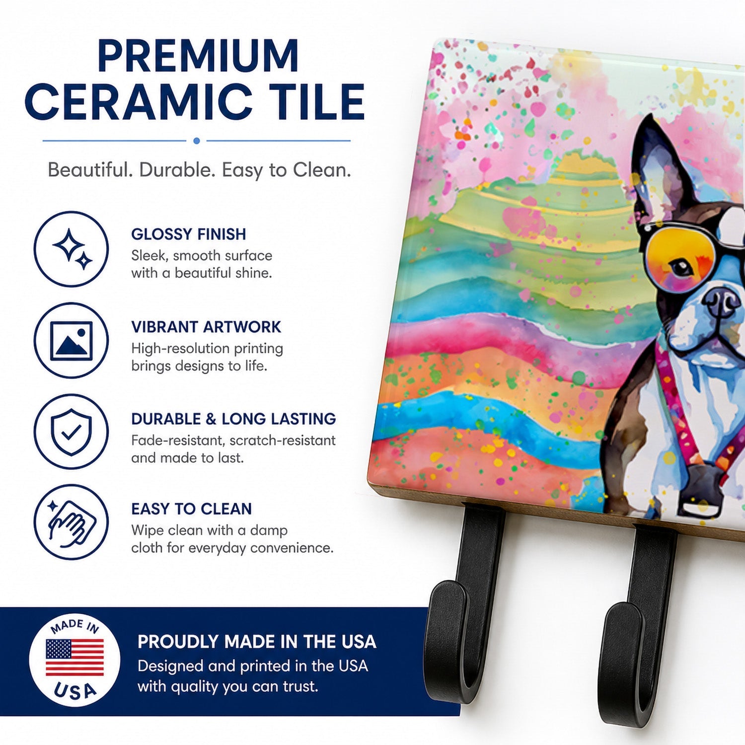 Boston Terrier Hippie Dawg Leash or Key Holder Wall Hooks, Coat Rack Wall Mount, for Hanging Keys, Towels, Aprons, Leashes