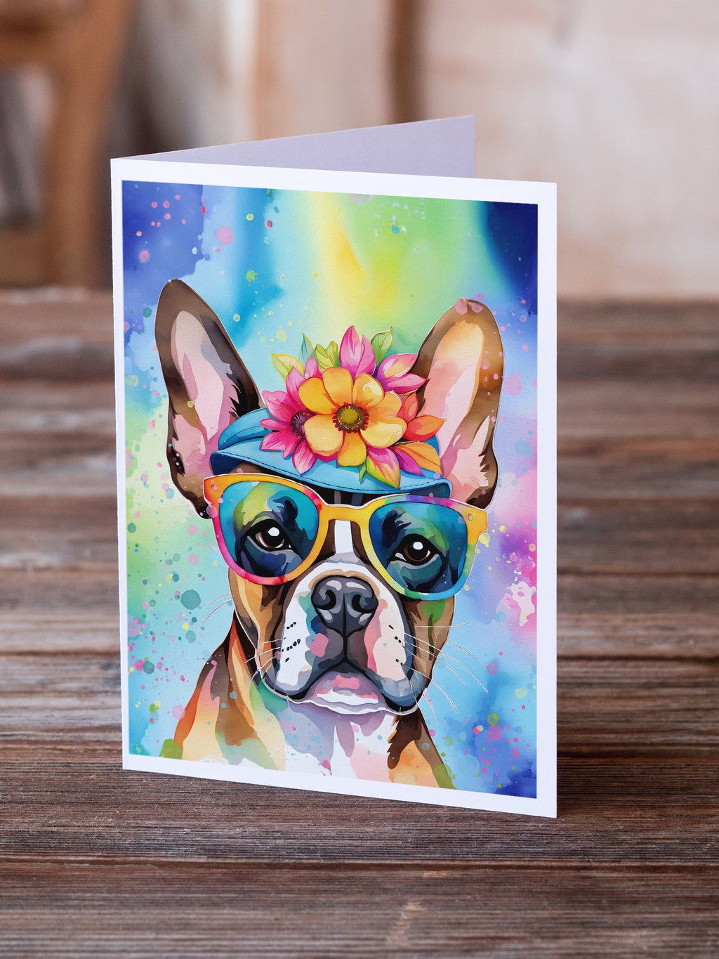 Boston Terrier Hippie Dawg Greeting Cards Pack of 8 Blank Cards with Envelopes Whimsical A7 Size 5x7