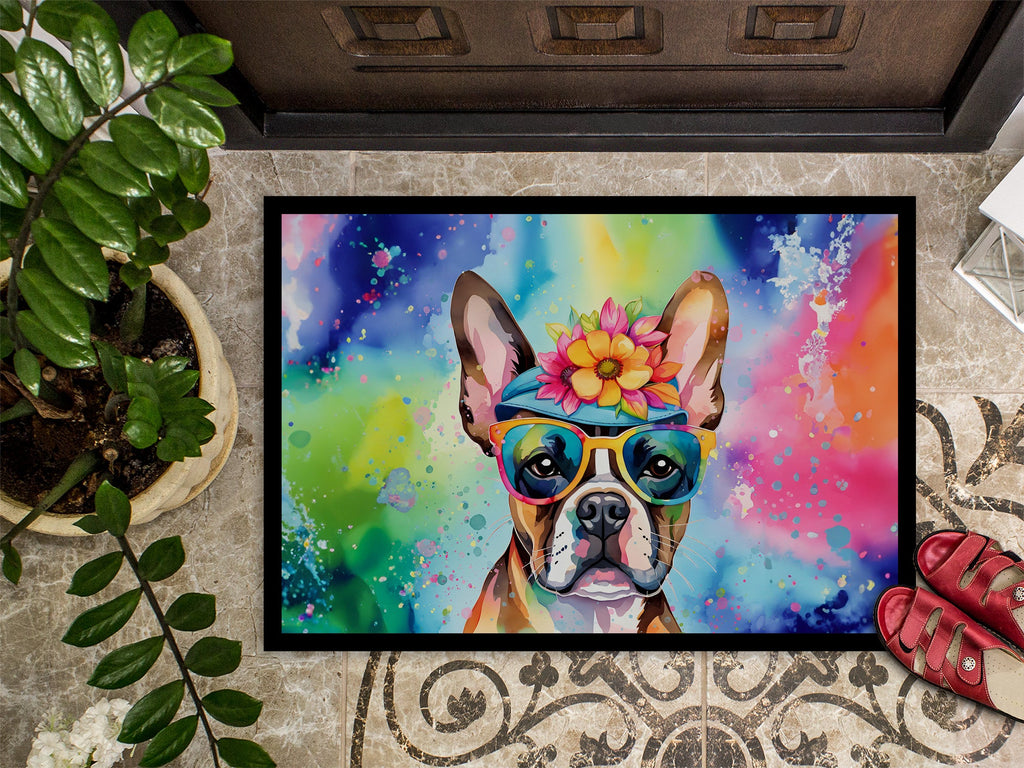 Boston Terrier Hippie Dawg Doormat Indoor Outdoor 18H X 27W Front Door Mat Rugs for Entryway, Non Slip Washable