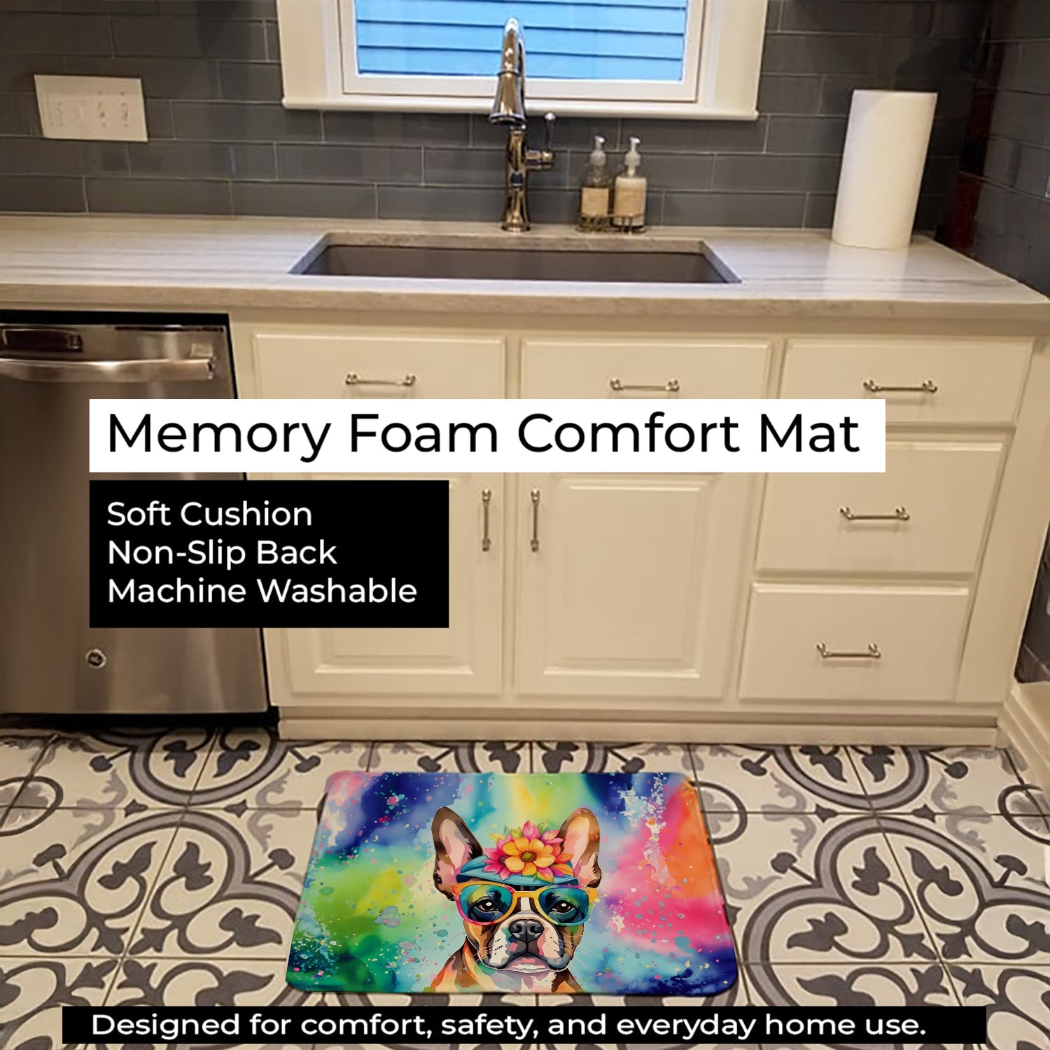 Boston Terrier Hippie Dawg Memory Foam Kitchen Mat Machine Washable Anti-Fatigue Cushion Comfort Bath or Kitchen Rug