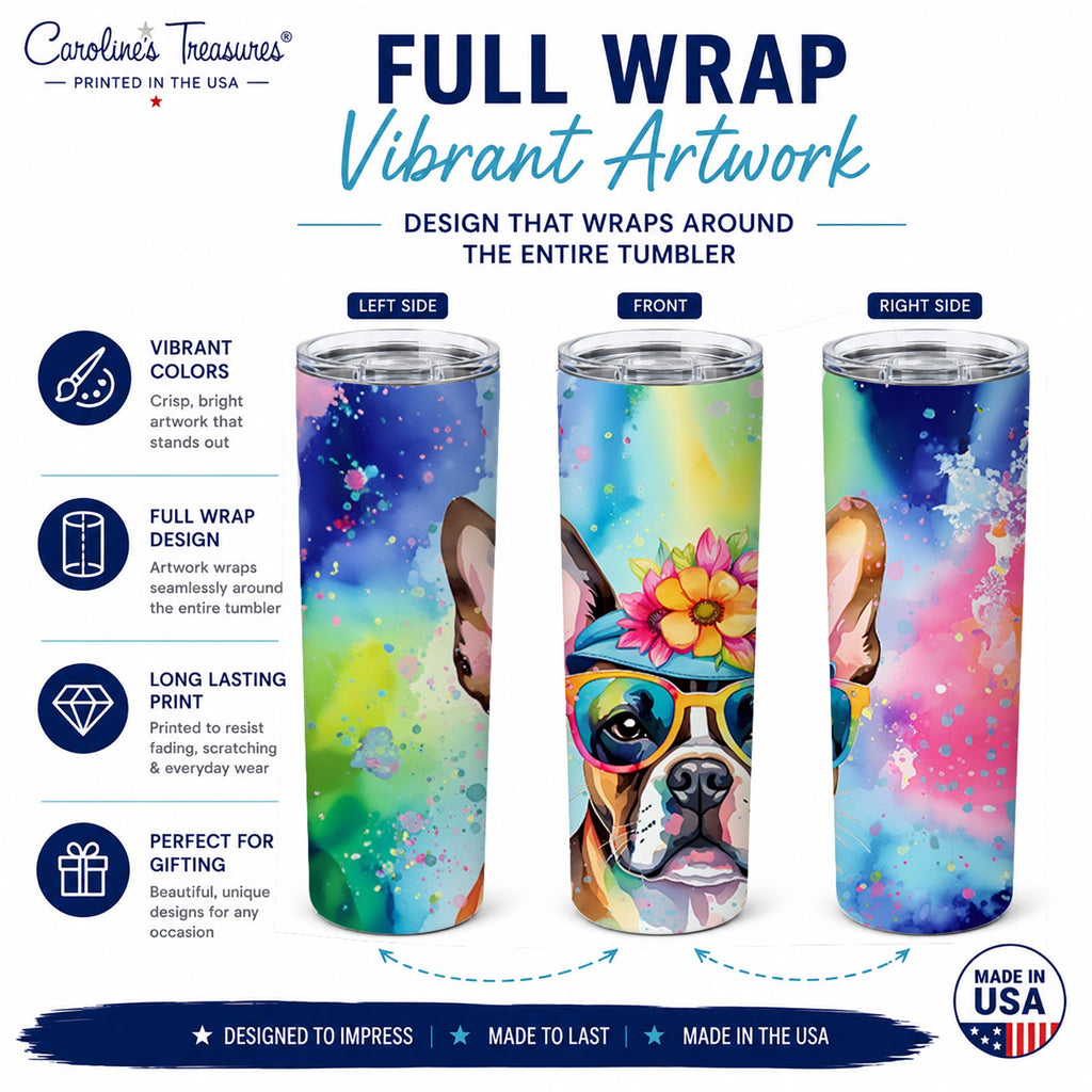 Boston Terrier Hippie Dawg Stainless Steel Skinny Tumbler 20 oz Vacuum Double Walled Reusable Insulated Travel Cup
