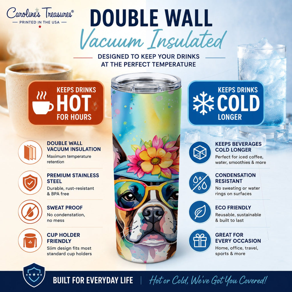 Boston Terrier Hippie Dawg Stainless Steel Skinny Tumbler 20 oz Vacuum Double Walled Reusable Insulated Travel Cup