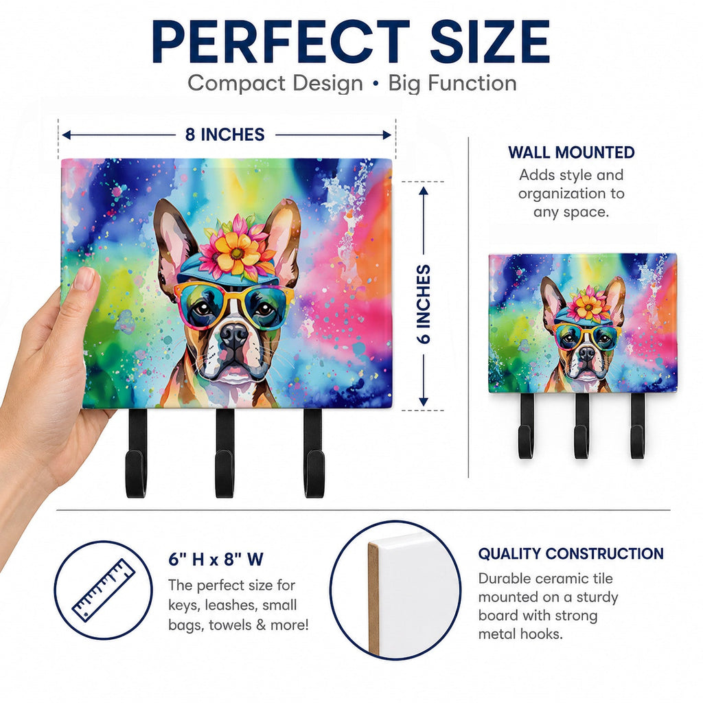 Boston Terrier Hippie Dawg Leash or Key Holder Wall Hooks, Coat Rack Wall Mount, for Hanging Keys, Towels, Aprons, Leashes