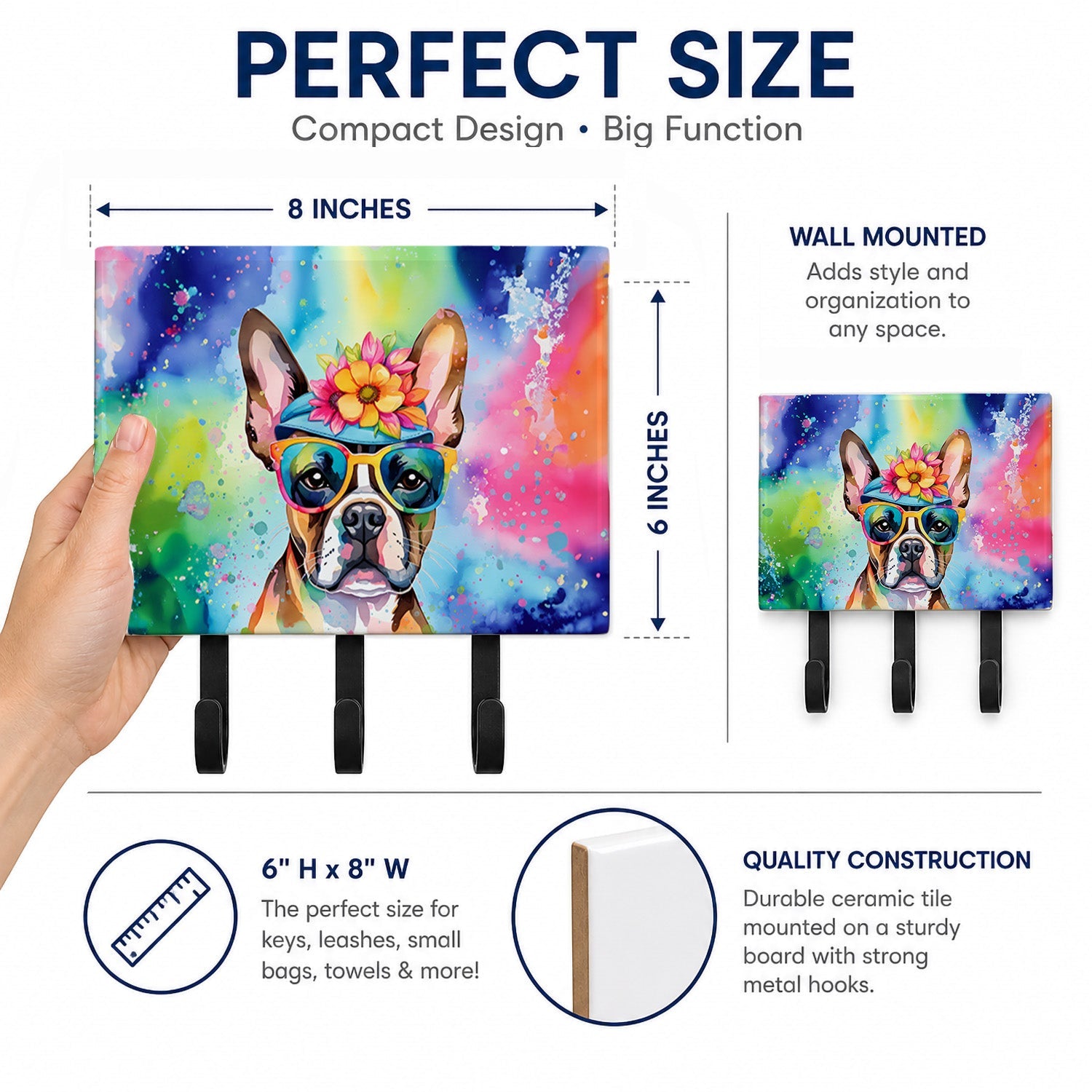 Boston Terrier Hippie Dawg Leash or Key Holder Wall Hooks, Coat Rack Wall Mount, for Hanging Keys, Towels, Aprons, Leashes