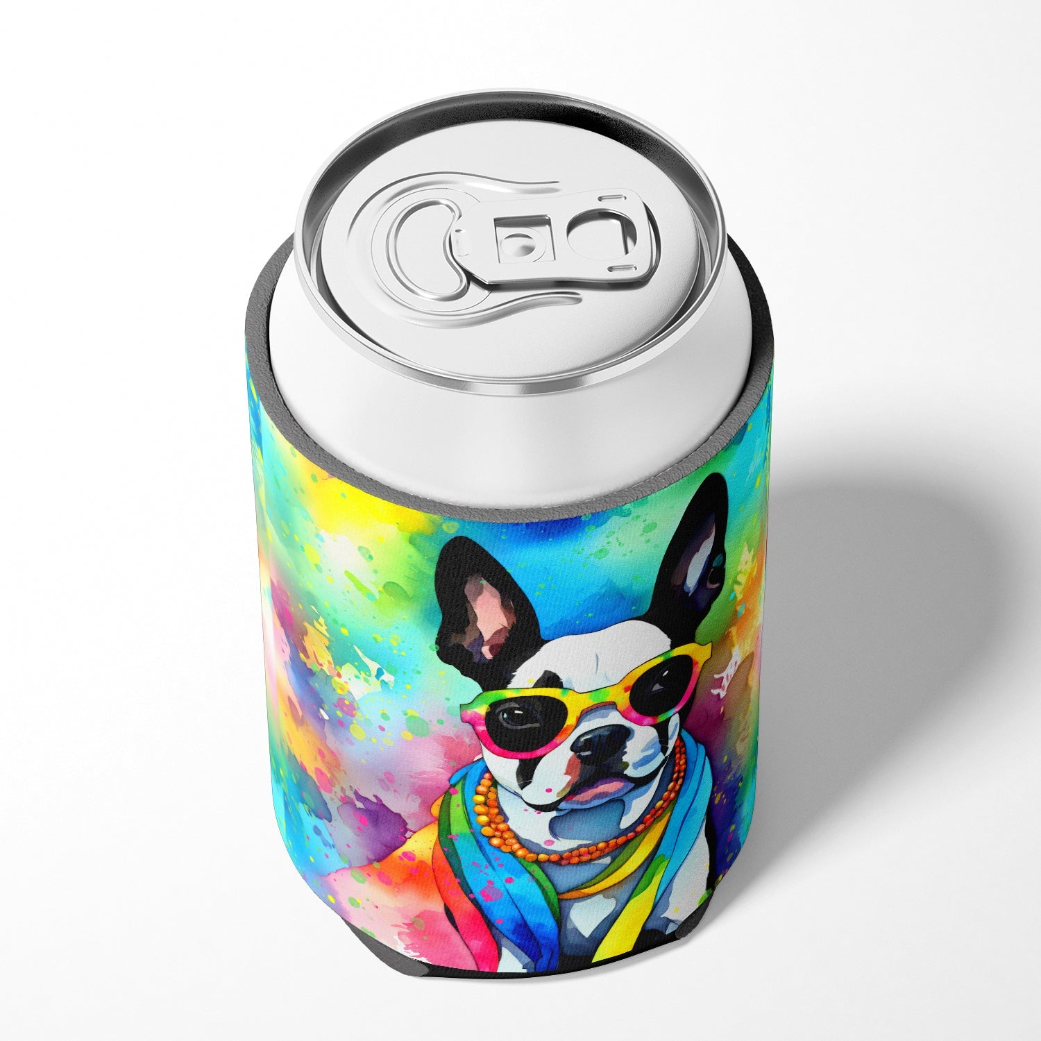 Boston Terrier Hippie Dawg Can or Bottle Hugger Cooler Sleeve for Standard 12 oz Cans, Insulated Foam Beer & Soda Can Hugger Reusable
