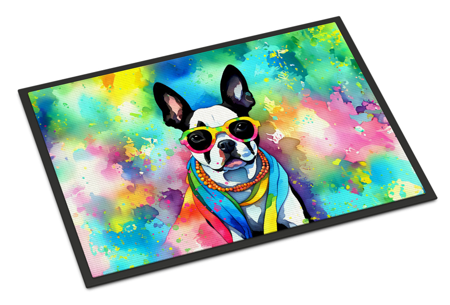 Boston Terrier Hippie Dawg Doormat Indoor Outdoor 24H X 36W Front Door Mat Rugs for Entryway, Non Slip Washable Low Pile,