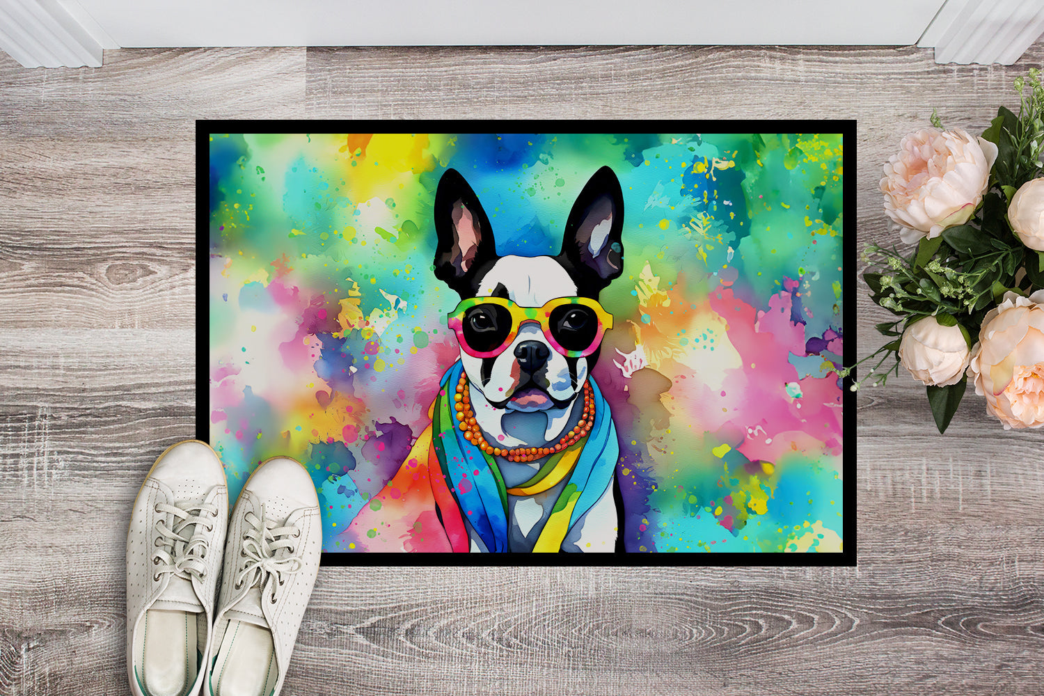 Boston Terrier Hippie Dawg Doormat Indoor Outdoor 24H X 36W Front Door Mat Rugs for Entryway, Non Slip Washable Low Pile,