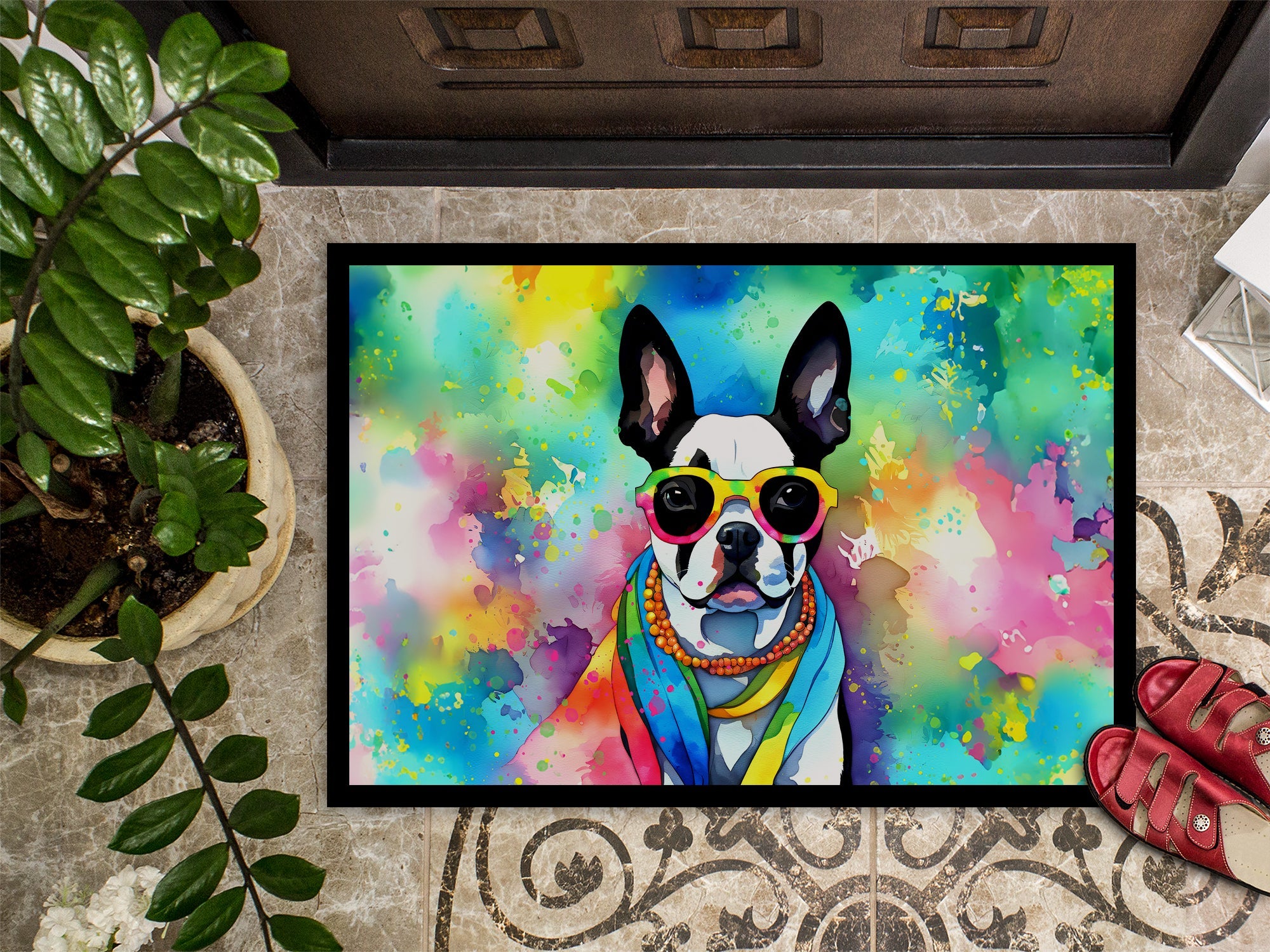 Boston Terrier Hippie Dawg Doormat Indoor Outdoor 24H X 36W Front Door Mat Rugs for Entryway, Non Slip Washable Low Pile,