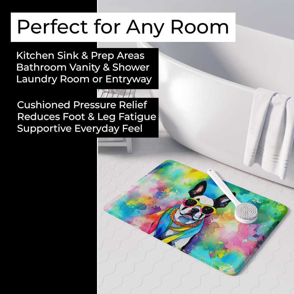 Boston Terrier Hippie Dawg Memory Foam Kitchen Mat Machine Washable Anti-Fatigue Cushion Comfort Bath or Kitchen Rug