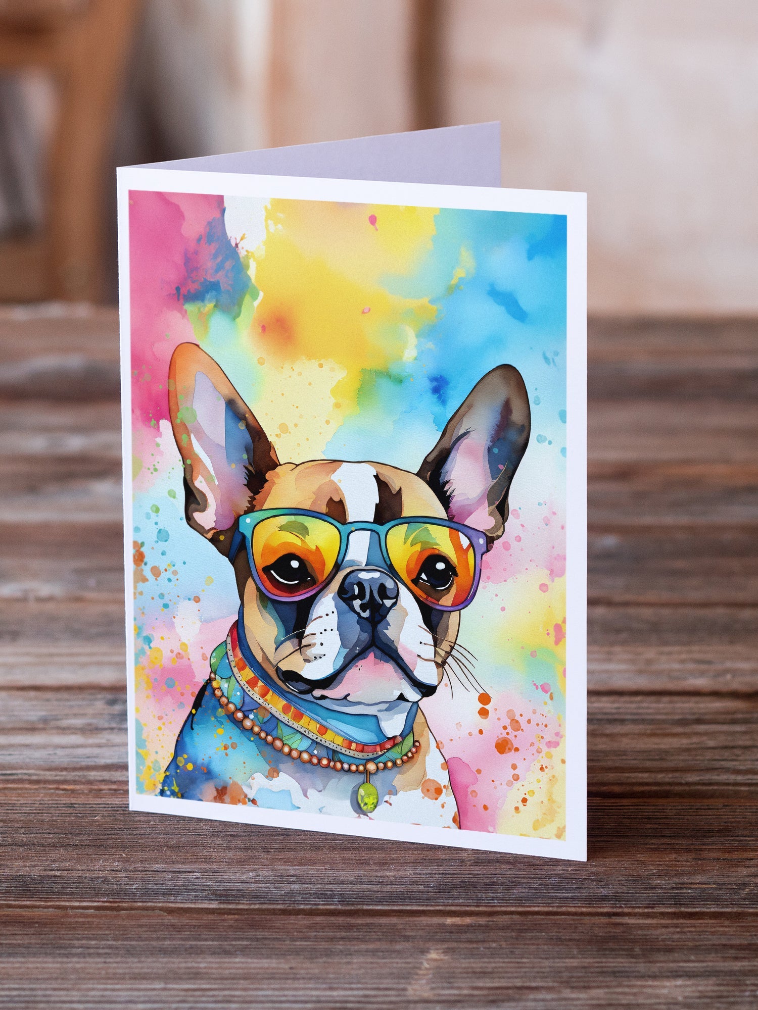 Boston Terrier Hippie Dawg Greeting Cards Pack of 8 Blank Cards with Envelopes Whimsical A7 Size 5x7