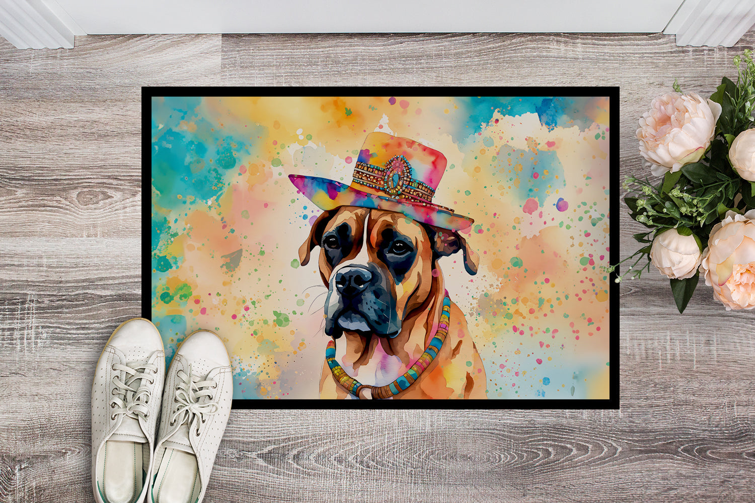Boxer Hippie Dawg Doormat Indoor Outdoor 18H X 27W Front Door Mat Rugs for Entryway, Non Slip Washable