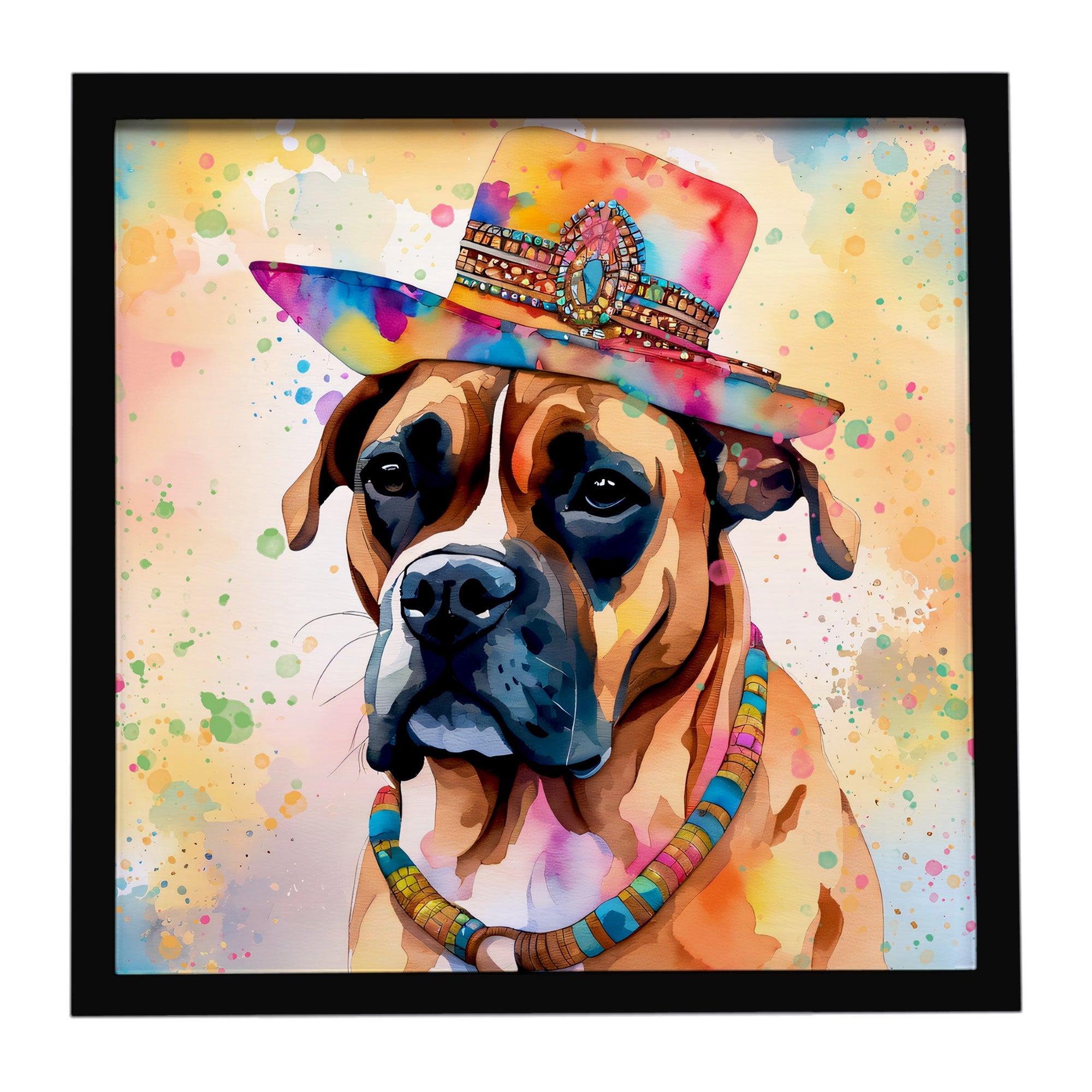 Boxer Hippie Dawg Framed Metal Print Bathroom, Kitchen, Office, Home Decor Wall Art Ready to Hang, Square, 8X8