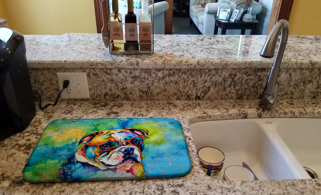 English Bulldog Hippie Dawg Dish Drying Mat Absorbent Dish Drying Mat Pad for Kitchen Counter Dish Drainer Mat for Countertop, 14 x 21", Multicolor