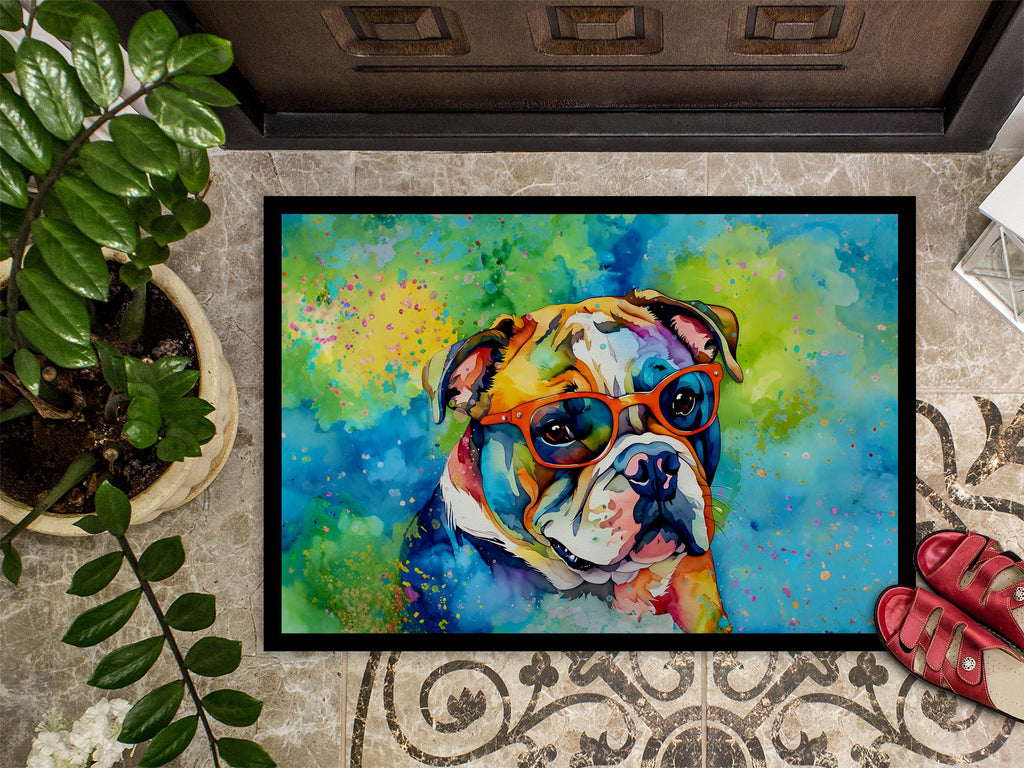 English Bulldog Hippie Dawg Doormat Indoor Outdoor 18H X 27W Front Door Mat Rugs for Entryway, Non Slip Washable