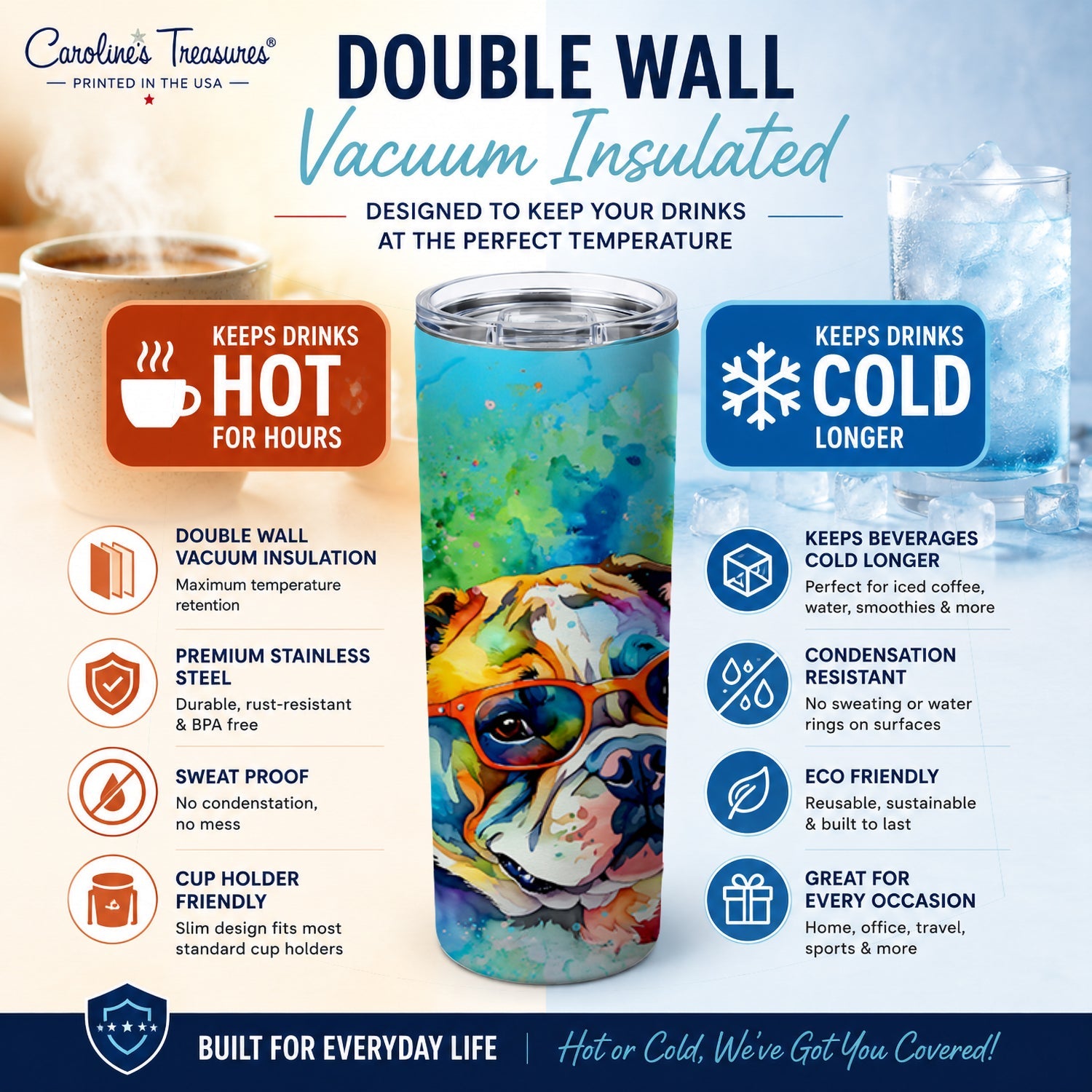 English Bulldog 20 oz Skinny Tumbler with Lid and Straw