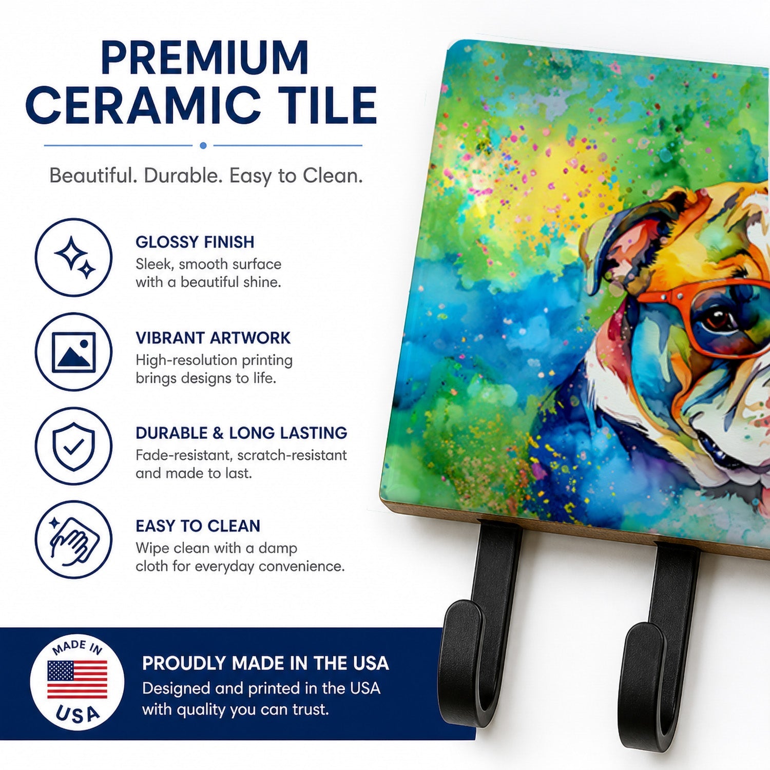 English Bulldog Hippie Dawg Leash or Key Holder Wall Hooks, Coat Rack Wall Mount, for Hanging Keys, Towels, Aprons, Leashes