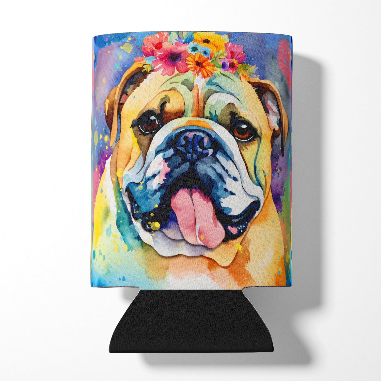 English Bulldog Hippie Dawg Can or Bottle Hugger Cooler Sleeve for Standard 12 oz Cans, Insulated Foam Beer & Soda Can Hugger Reusable