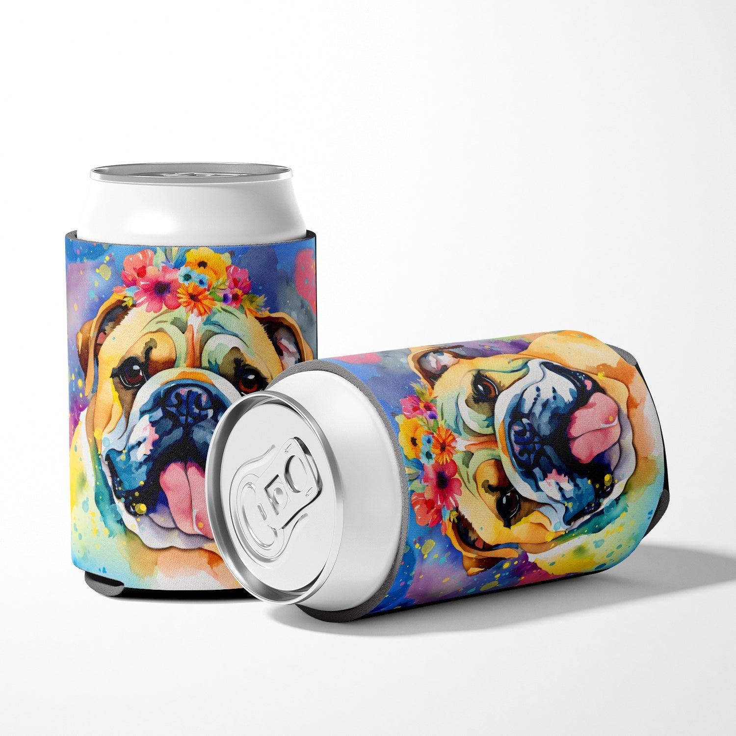 English Bulldog Hippie Dawg Can or Bottle Hugger Cooler Sleeve for Standard 12 oz Cans, Insulated Foam Beer & Soda Can Hugger Reusable