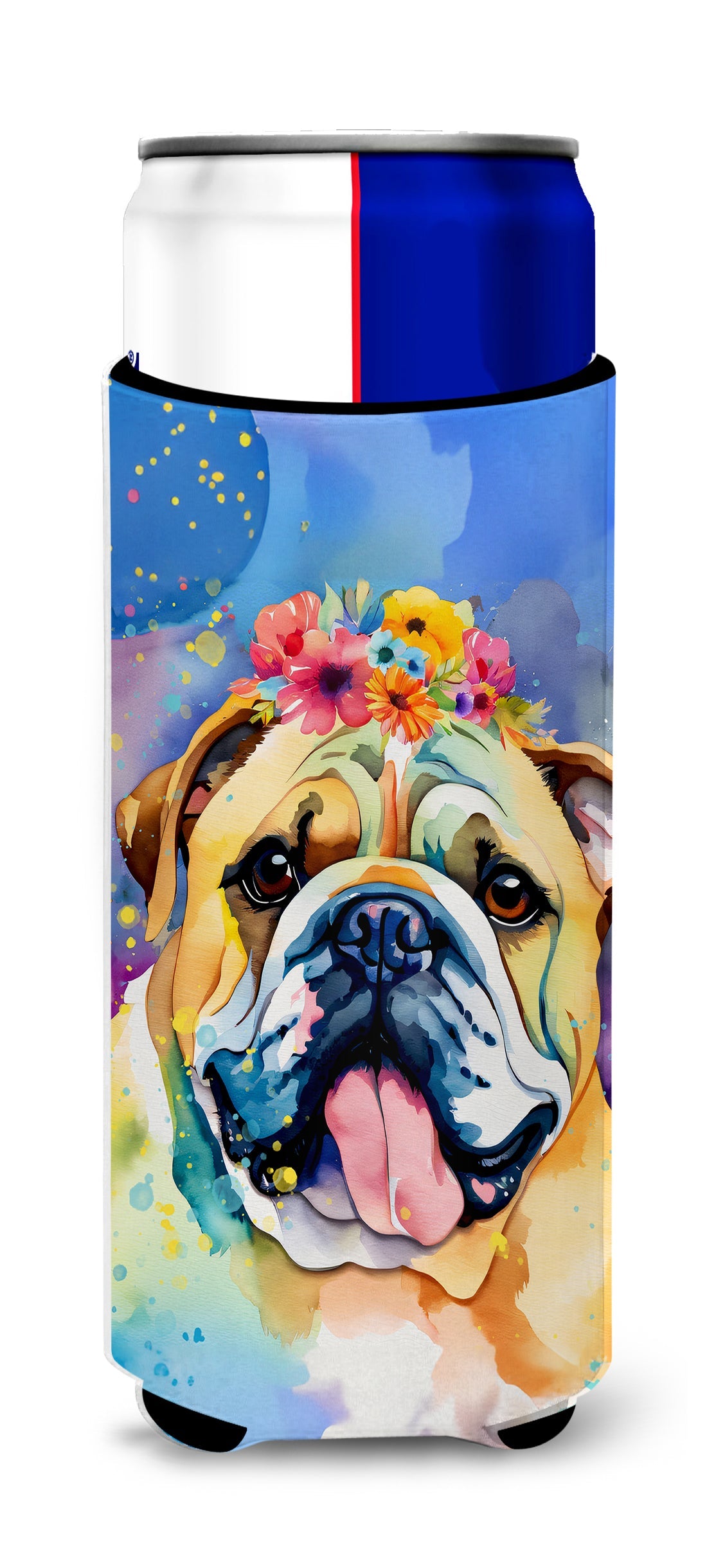 English Bulldog Hippie Dawg Slim Can Hugger , Insulated Foam Hugger for 12 oz Slim Cans, Beer Bottles & Water Bottles, Printed in USA