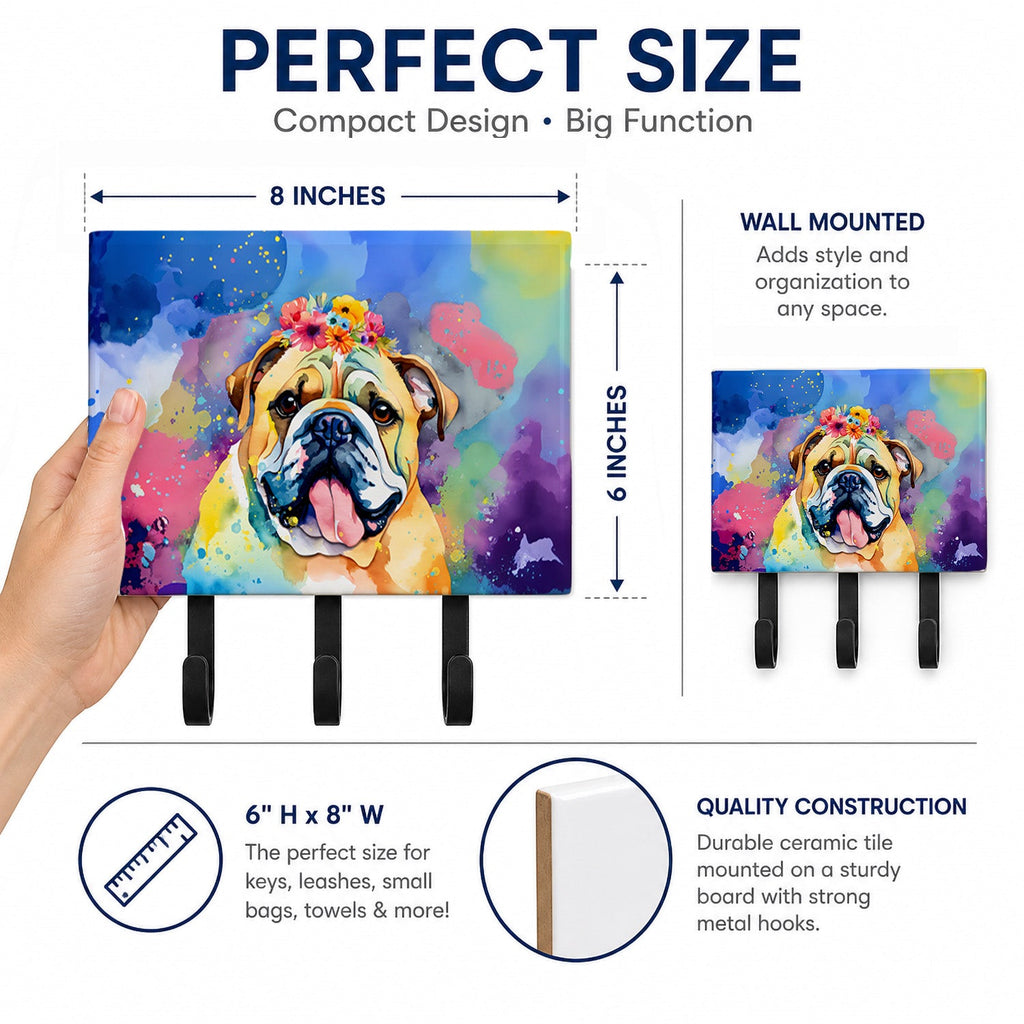 English Bulldog Hippie Dawg Leash or Key Holder Wall Hooks, Coat Rack Wall Mount, for Hanging Keys, Towels, Aprons, Leashes