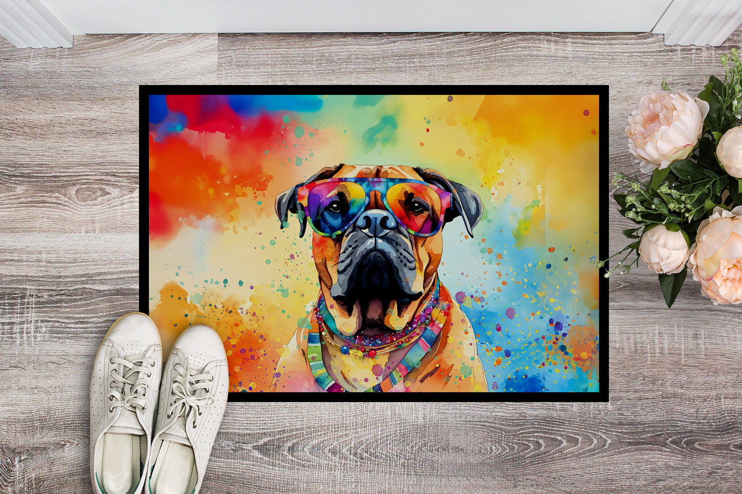 Bullmastiff Hippie Dawg Doormat Indoor Outdoor 24H X 36W Front Door Mat Rugs for Entryway, Non Slip Washable Low Pile,