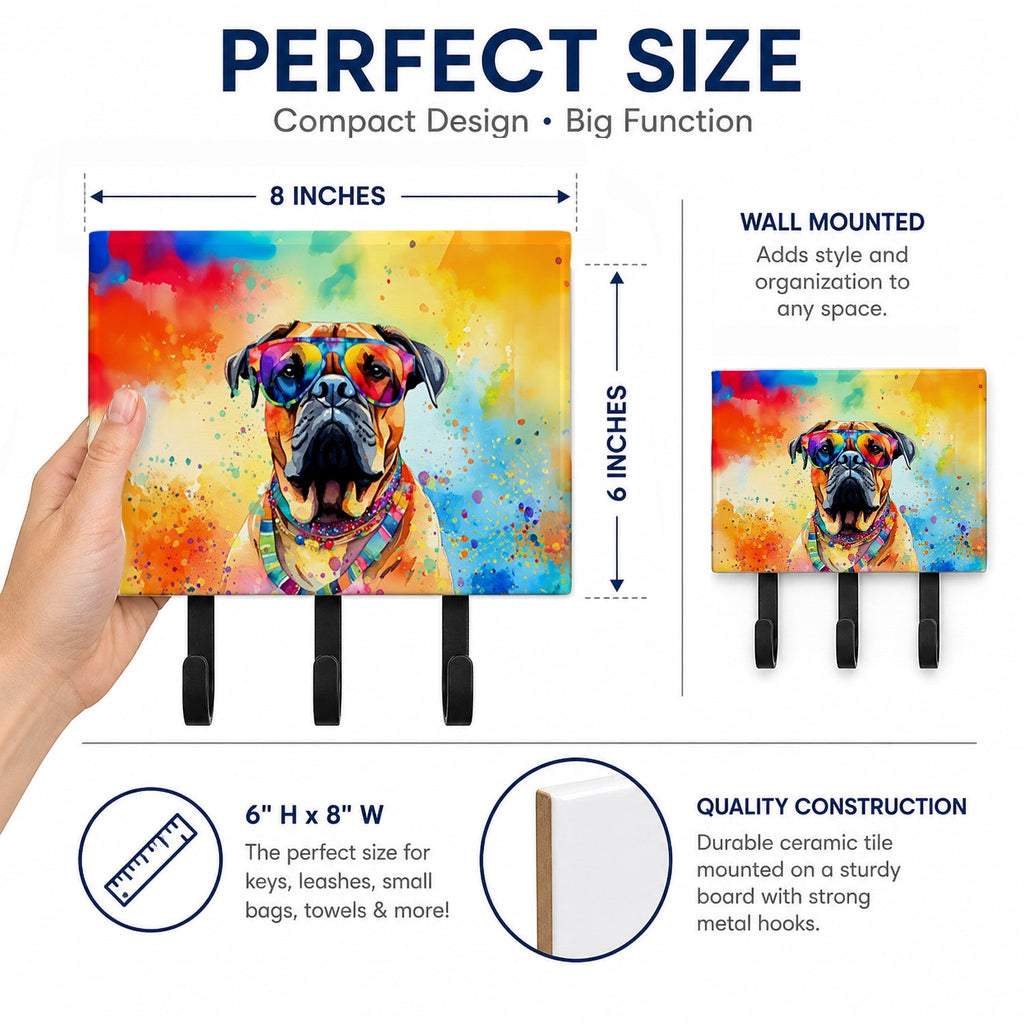 Bullmastiff Hippie Dawg Leash or Key Holder Wall Hooks, Coat Rack Wall Mount, for Hanging Keys, Towels, Aprons, Leashes