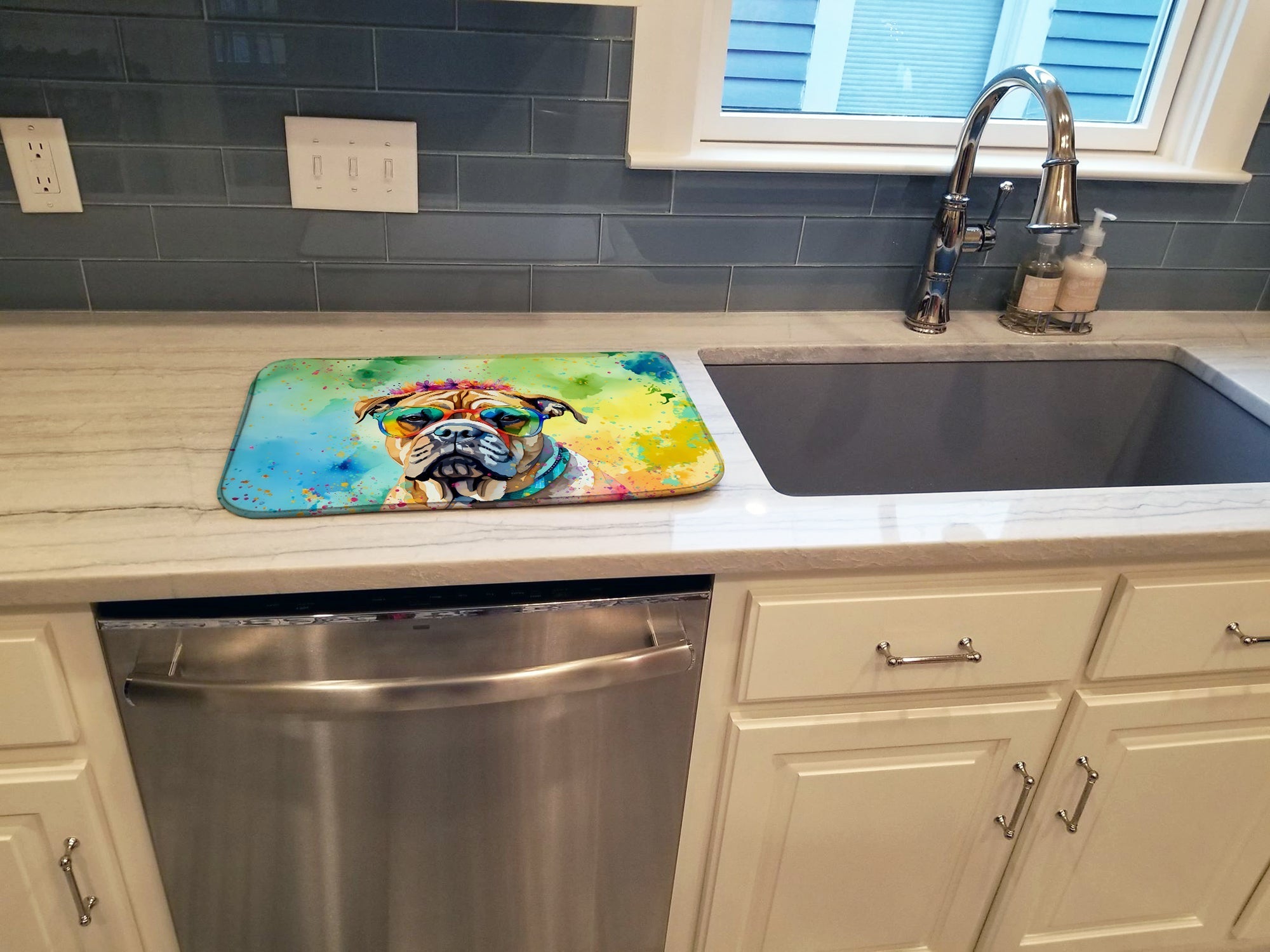 Bullmastiff Hippie Dawg Dish Drying Mat Absorbent Dish Drying Mat Pad for Kitchen Counter Dish Drainer Mat for Countertop, 14 x 21", Multicolor