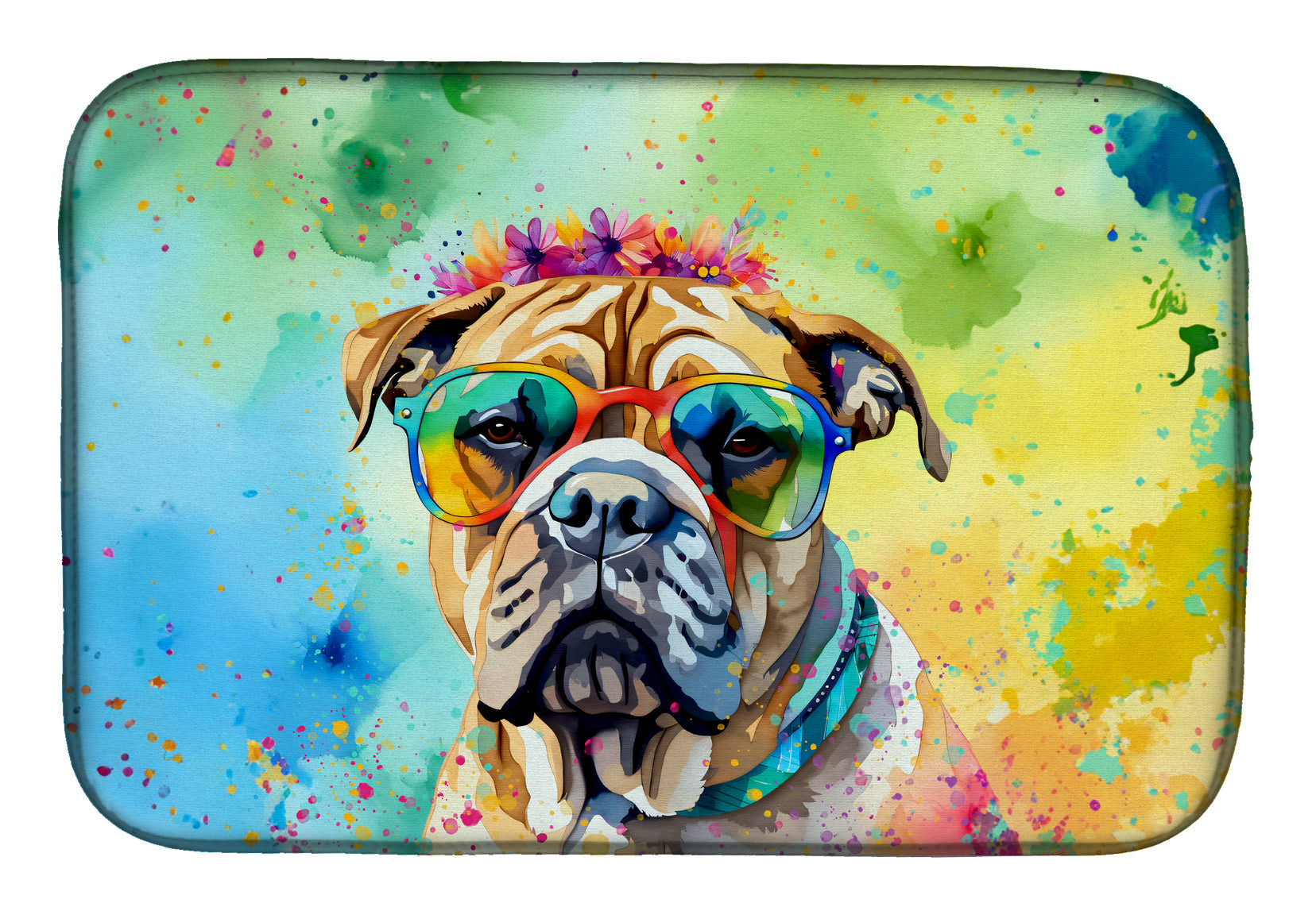 Bullmastiff Hippie Dawg Dish Drying Mat Absorbent Dish Drying Mat Pad for Kitchen Counter Dish Drainer Mat for Countertop, 14 x 21", Multicolor