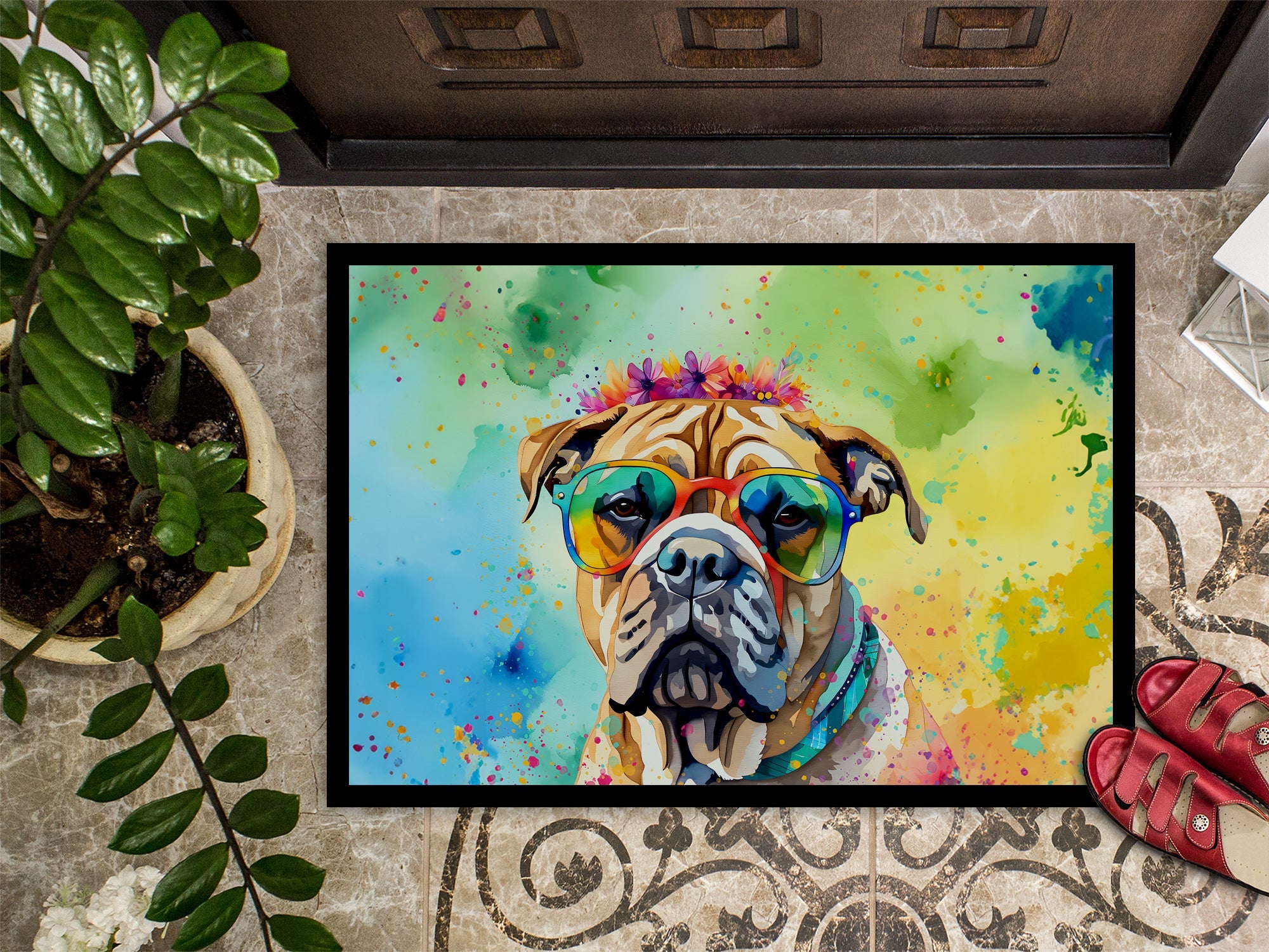 Bullmastiff Hippie Dawg Doormat Indoor Outdoor 18H X 27W Front Door Mat Rugs for Entryway, Non Slip Washable