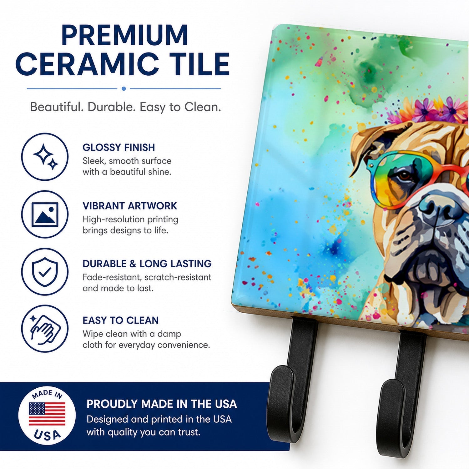 Bullmastiff Hippie Dawg Leash or Key Holder Wall Hooks, Coat Rack Wall Mount, for Hanging Keys, Towels, Aprons, Leashes