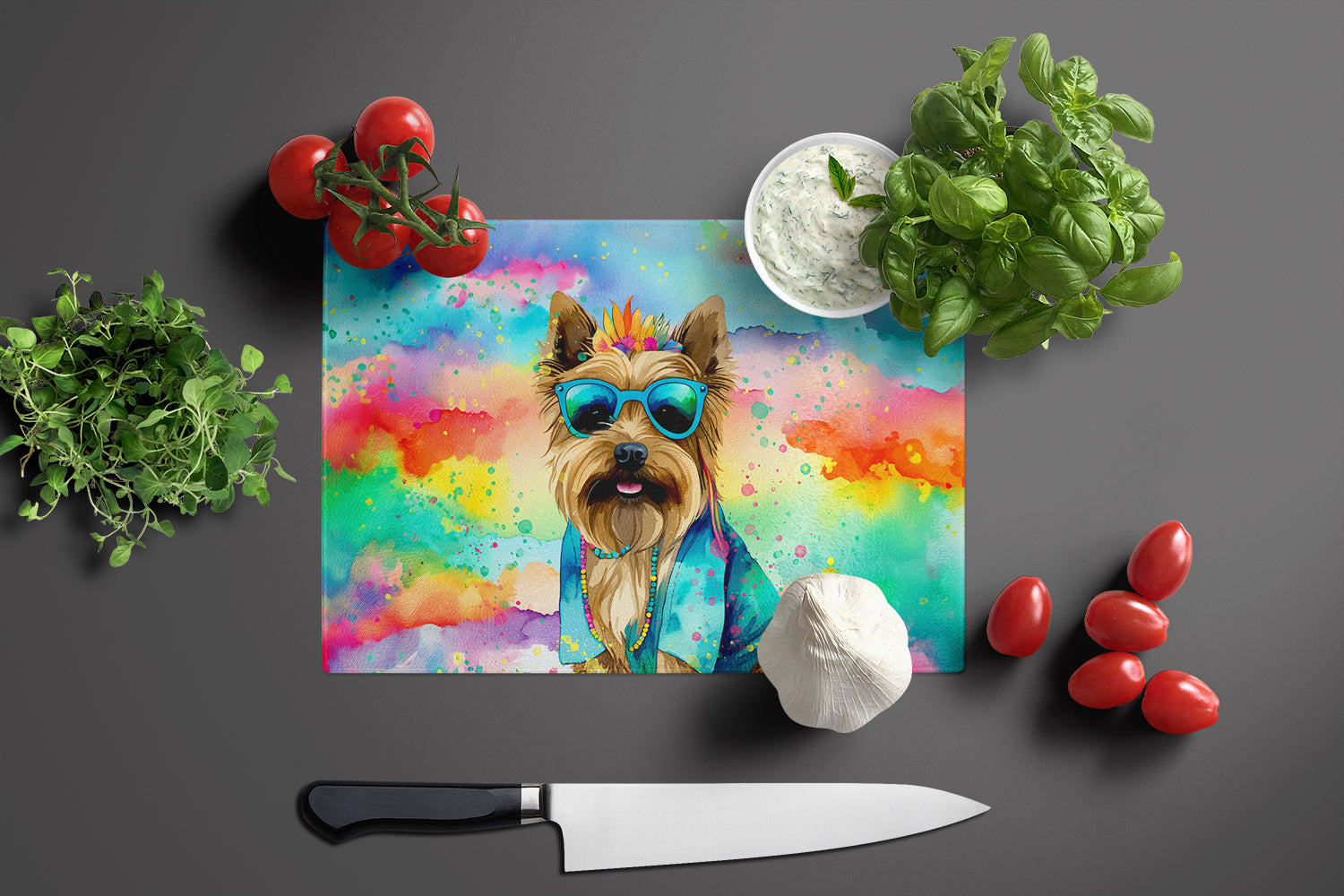 Cairn Terrier Hippie Dawg Cutting Board Tempered Glass Kitchen Cutting Surface, Heat Resistant Chopping, Non-Slip Feet, Food Prep & Serving