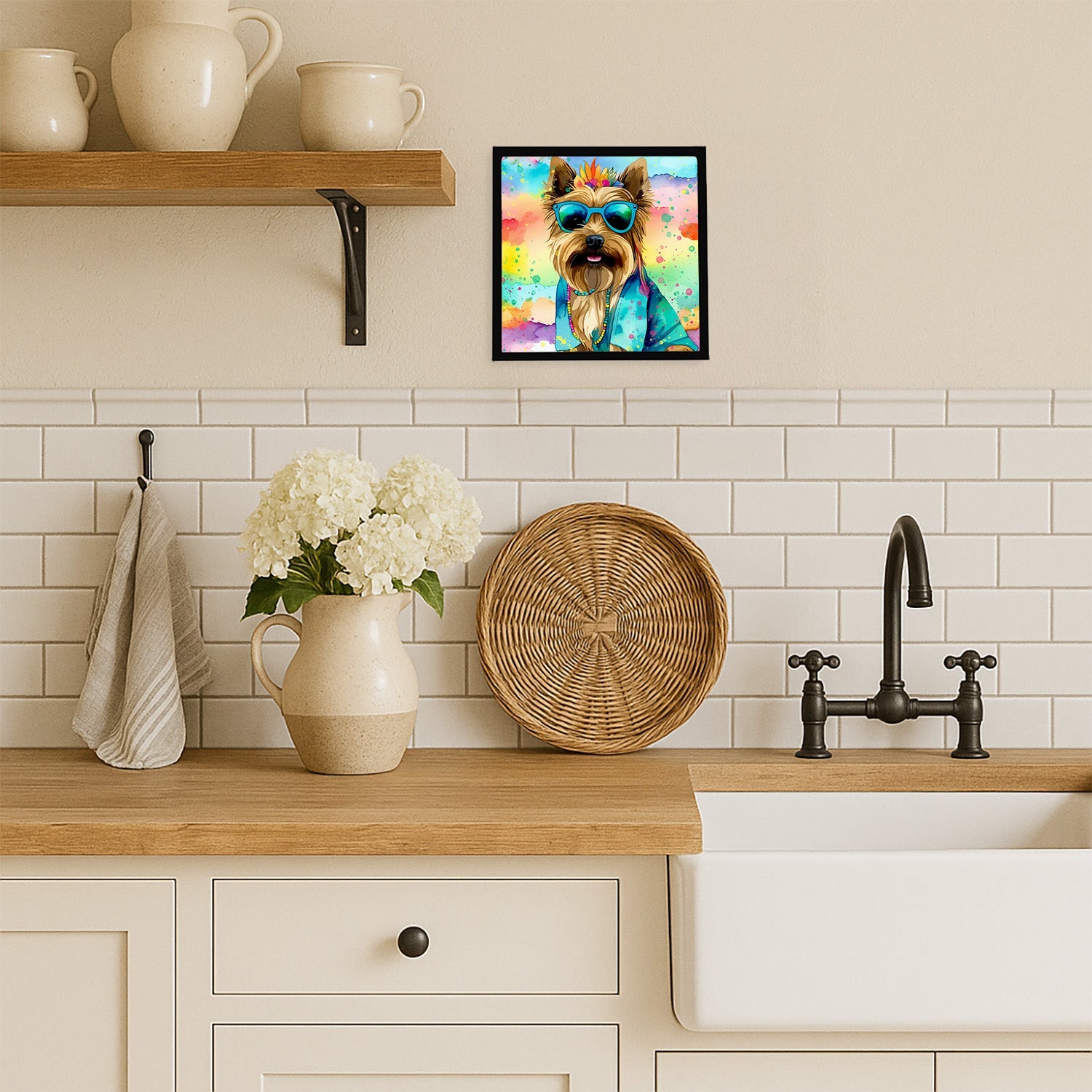 Cairn Terrier Hippie Dawg Framed Metal Print Bathroom, Kitchen, Office, Home Decor Wall Art Ready to Hang, Square, 8X8