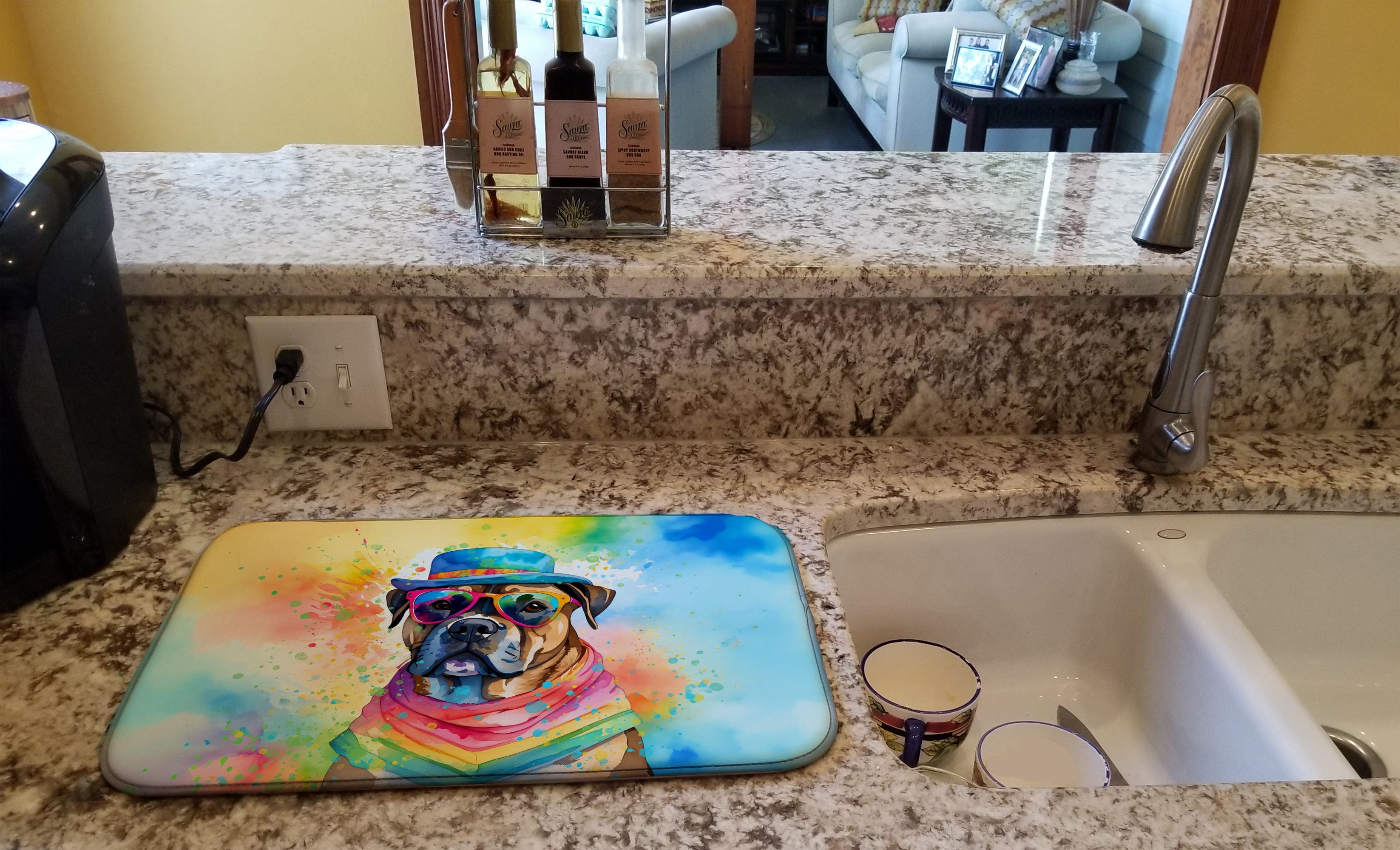 Cane Corso Hippie Dawg Dish Drying Mat Absorbent Dish Drying Mat Pad for Kitchen Counter Dish Drainer Mat for Countertop, 14 x 21", Multicolor
