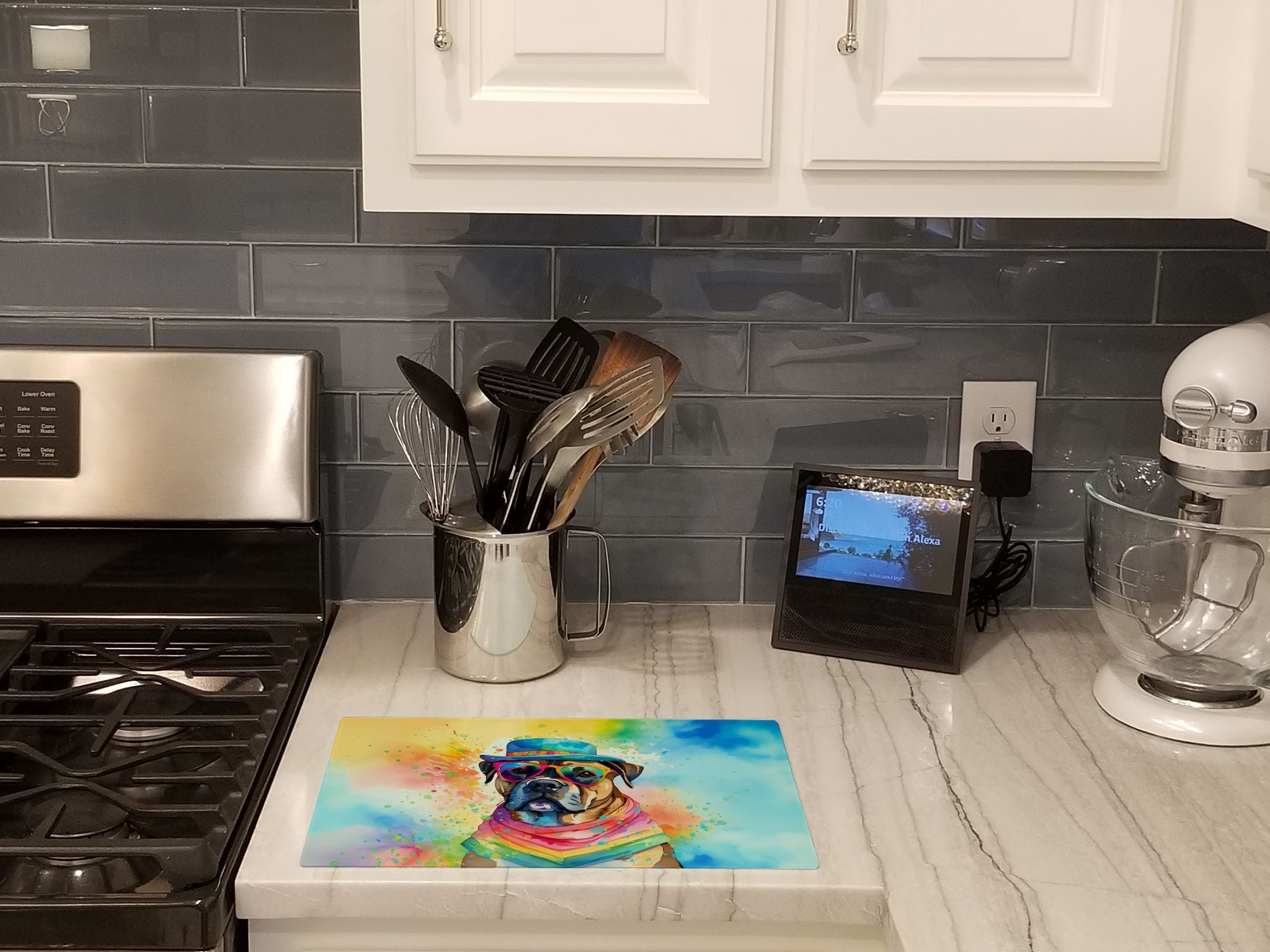 Cane Corso Hippie Dawg Cutting Board Tempered Glass Kitchen Cutting Surface, Heat Resistant Chopping, Non-Slip Feet, Food Prep & Serving