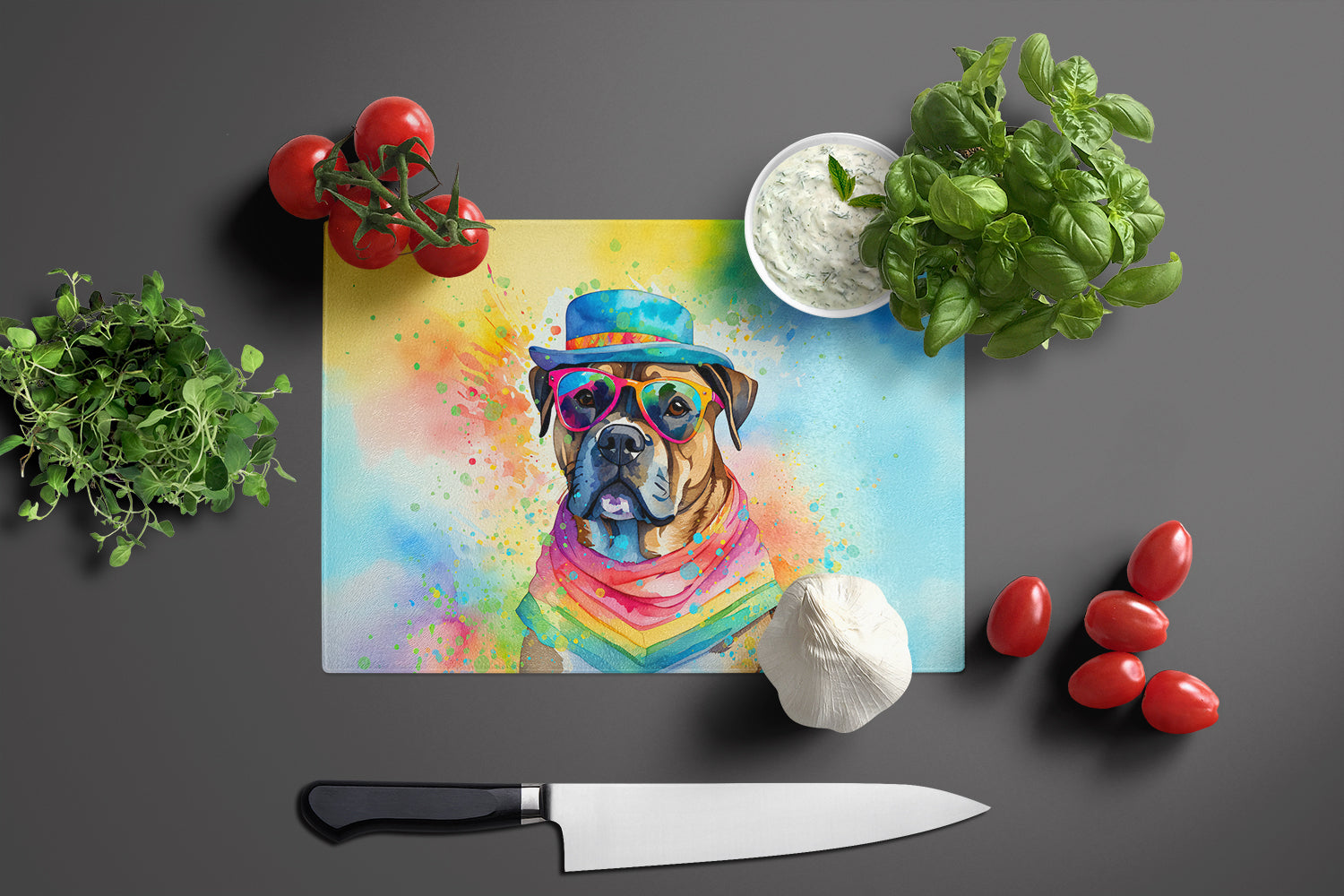 Cane Corso Hippie Dawg Cutting Board Tempered Glass Kitchen Cutting Surface, Heat Resistant Chopping, Non-Slip Feet, Food Prep & Serving
