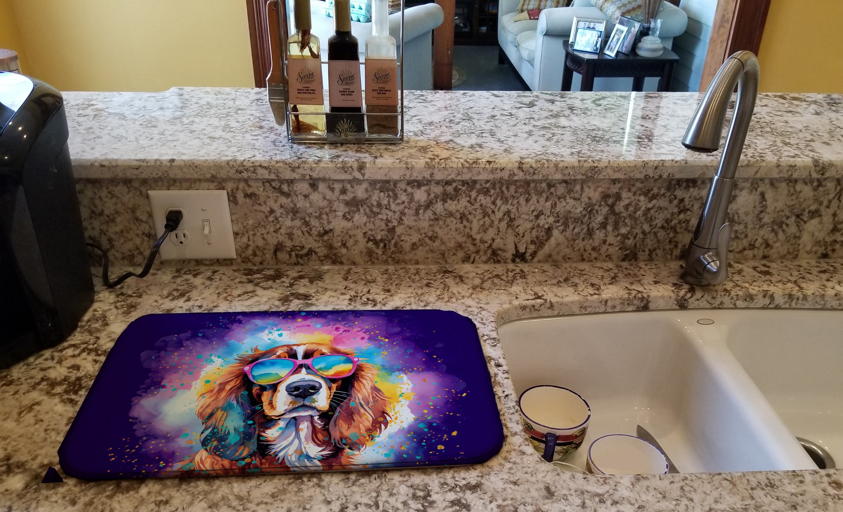 Cavalier Spaniel Hippie Dawg Dish Drying Mat Absorbent Dish Drying Mat Pad for Kitchen Counter Dish Drainer Mat for Countertop, 14 x 21", Multicolor