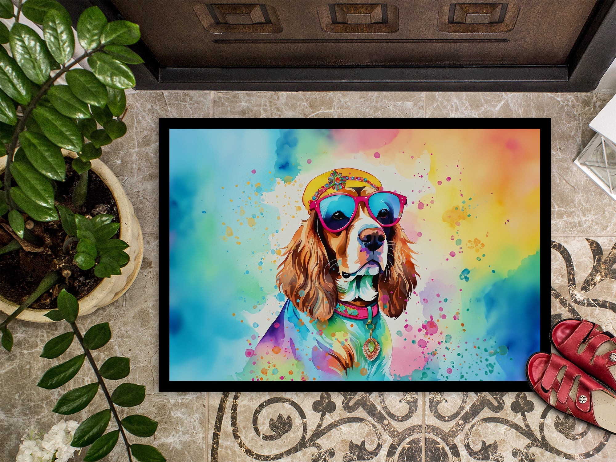 Cavalier Spaniel Hippie Dawg Doormat Indoor Outdoor 24H X 36W Front Door Mat Rugs for Entryway, Non Slip Washable Low Pile,