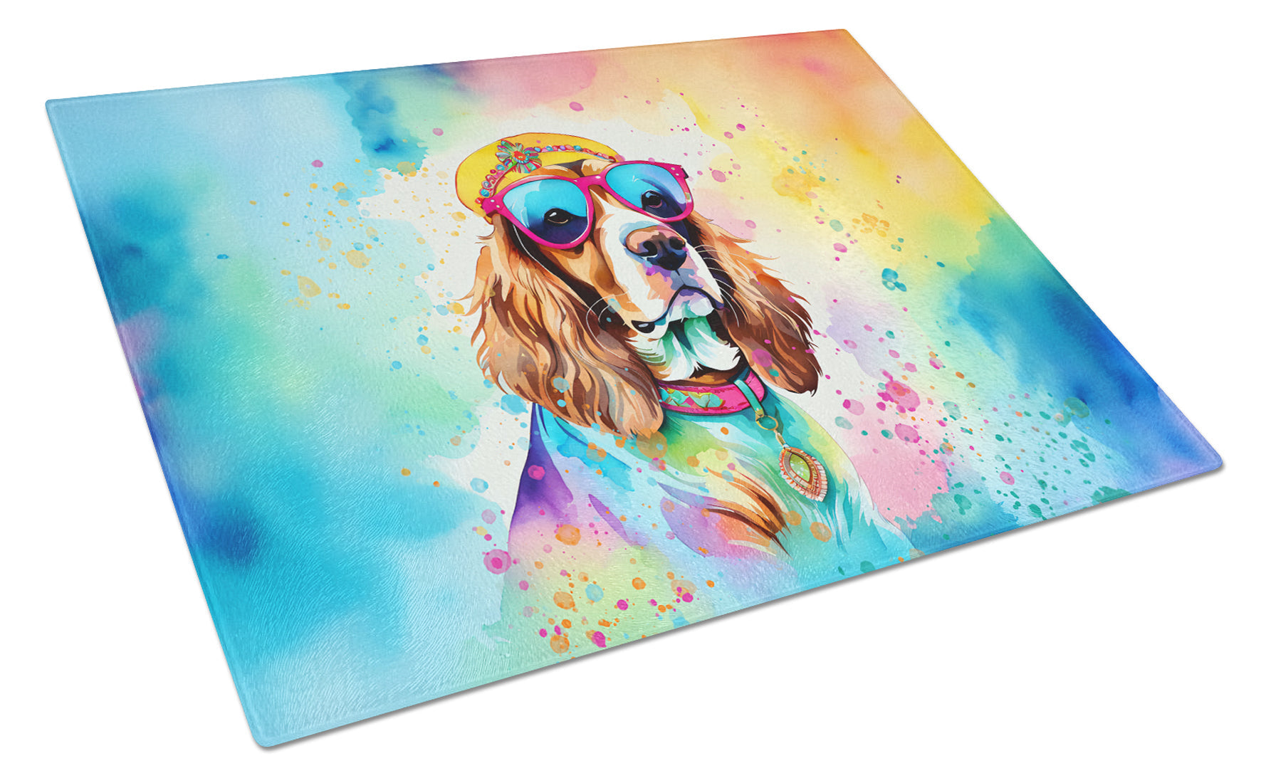 Cavalier Spaniel Hippie Dawg Cutting Board Tempered Glass Kitchen Cutting Surface, Heat Resistant Chopping, Non-Slip Feet, Food Prep & Serving