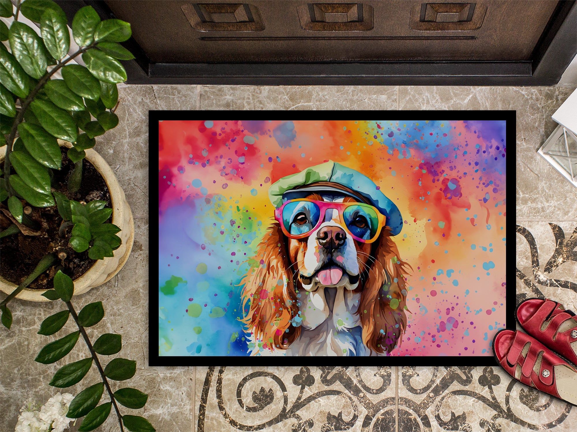 Cavalier Spaniel Hippie Dawg Doormat Indoor Outdoor 18H X 27W Front Door Mat Rugs for Entryway, Non Slip Washable