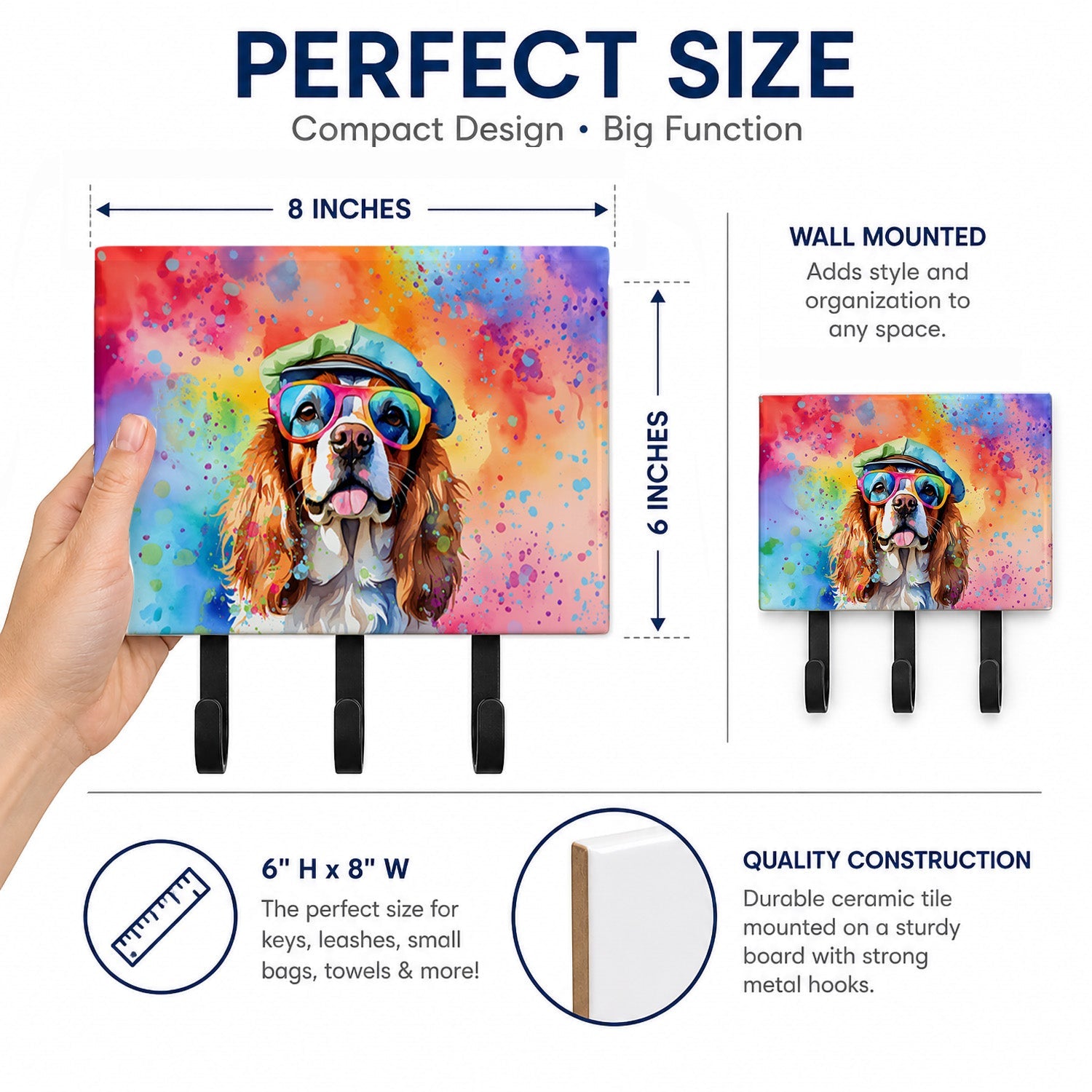 Cavalier Spaniel Hippie Dawg Leash or Key Holder Wall Hooks, Coat Rack Wall Mount, for Hanging Keys, Towels, Aprons, Leashes